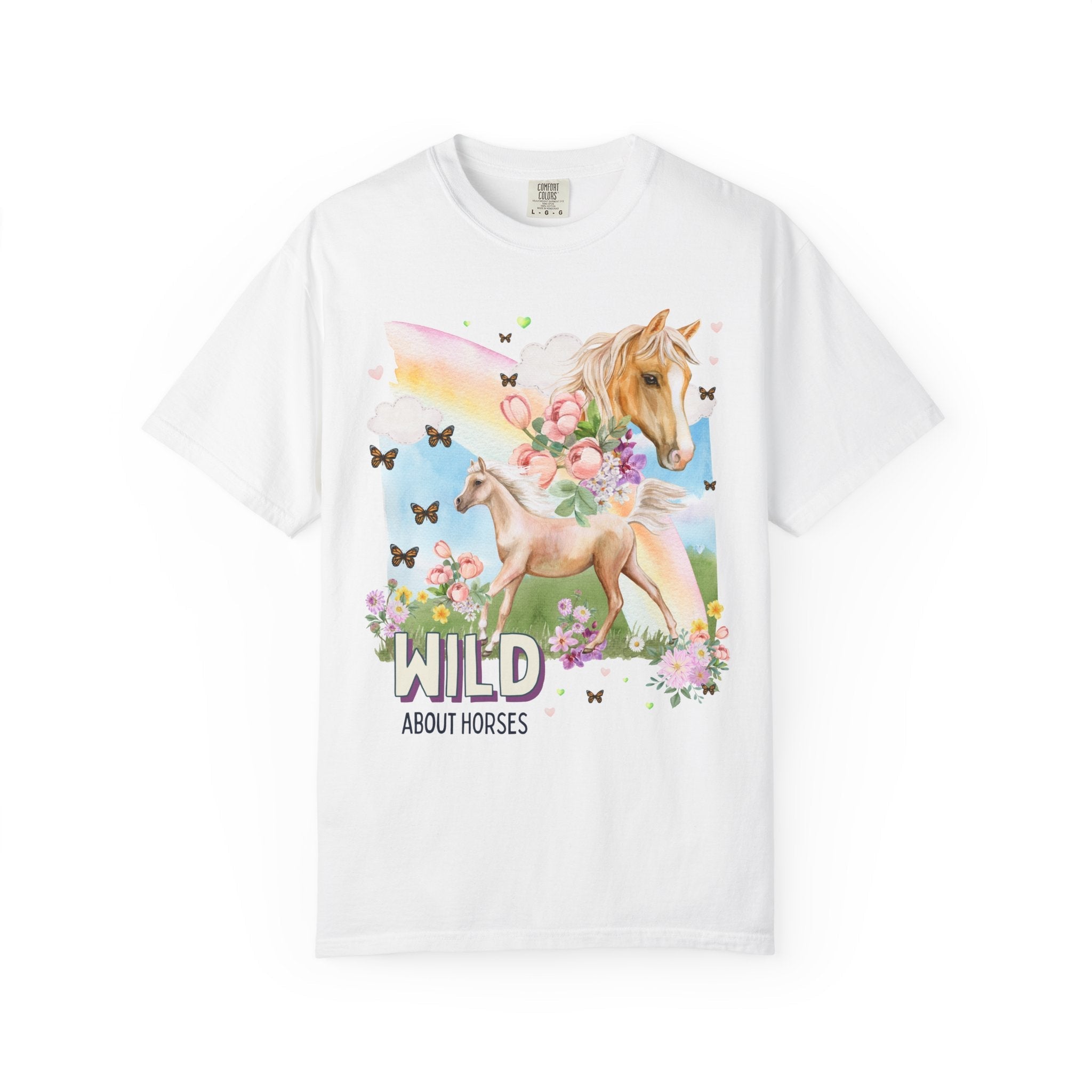 Silly Horse Shirt for Animal Lover: Wild About Horses, Kitschy Nineties Style Tee with Rainbow, Boho Butterflies, Whimsigoth Horse Lover Tee - Opal and June