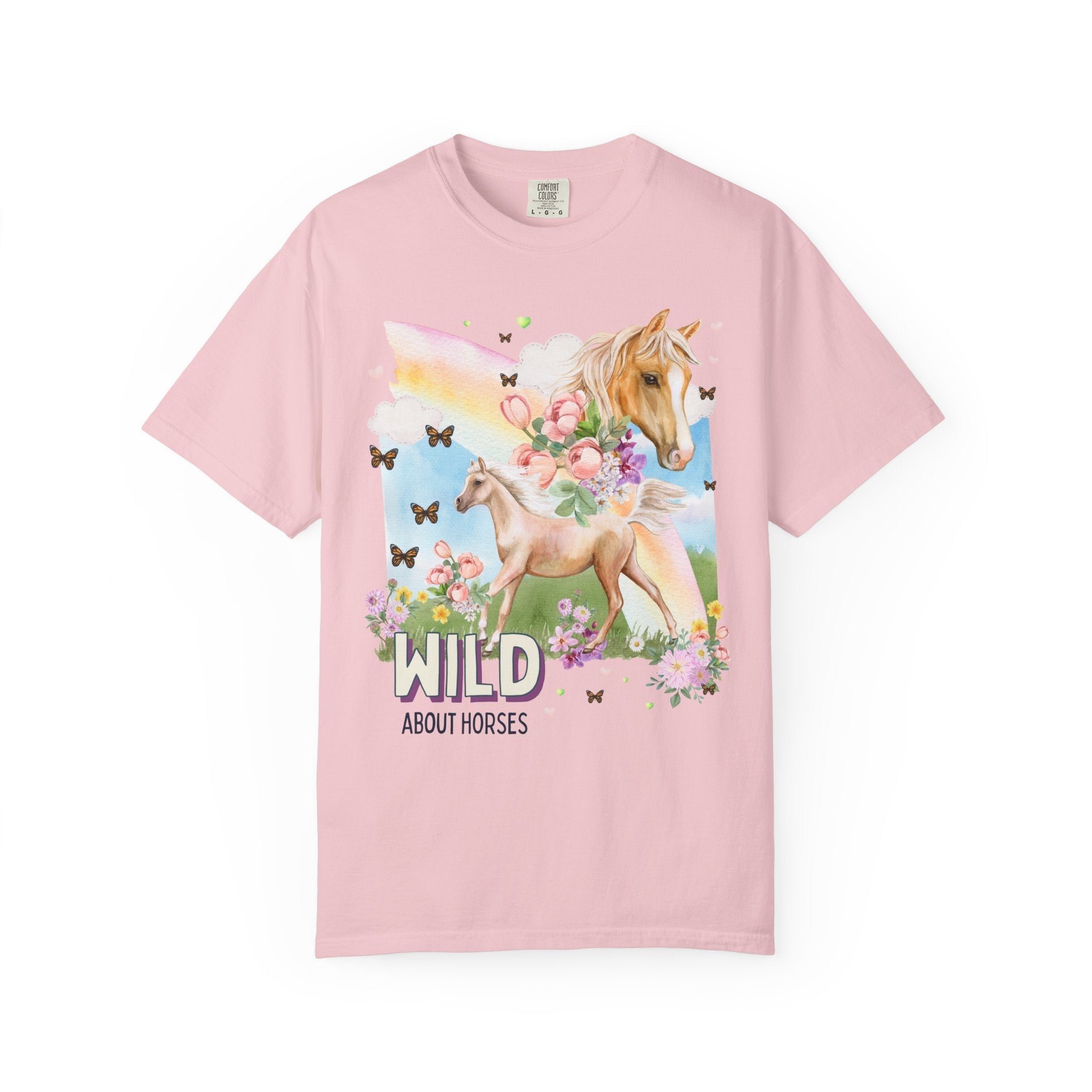 Silly Horse Shirt for Animal Lover: Wild About Horses, Kitschy Nineties Style Tee with Rainbow, Boho Butterflies, Whimsigoth Horse Lover Tee - Opal and June