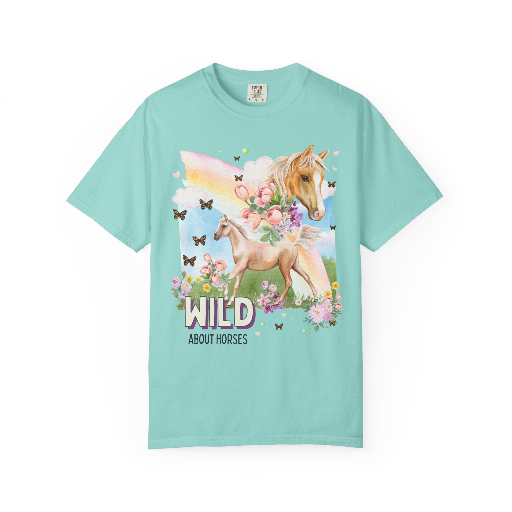 Silly Horse Shirt for Animal Lover: Wild About Horses, Kitschy Nineties Style Tee with Rainbow, Boho Butterflies, Whimsigoth Horse Lover Tee - Opal and June
