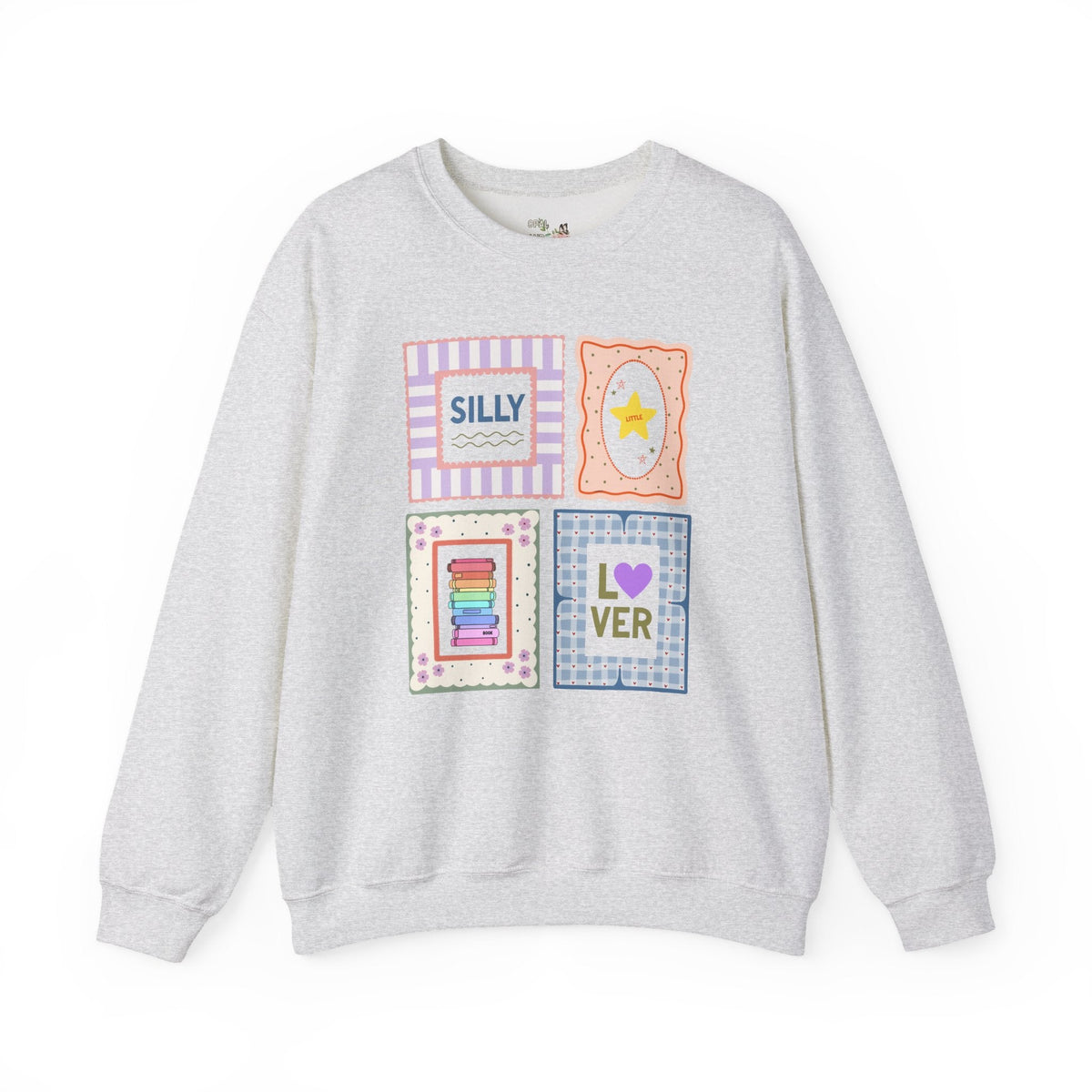 Silly Little Book Lover Sweatshirt with Kitschy and Whimsy Frames, Cute School Librarian or Reading Teacher Crewneck for Bookworm or Reader - Opal and June