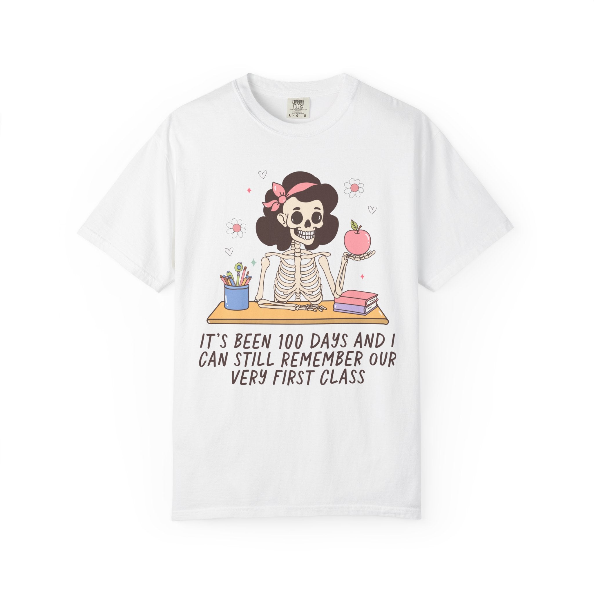 Silly One Hundred Days of School Teacher T-Shirt for Third Grade Crew or Fourth Grade Squad, Funny Retro Skeleton Teacher Holding an Apple - Opal and June
