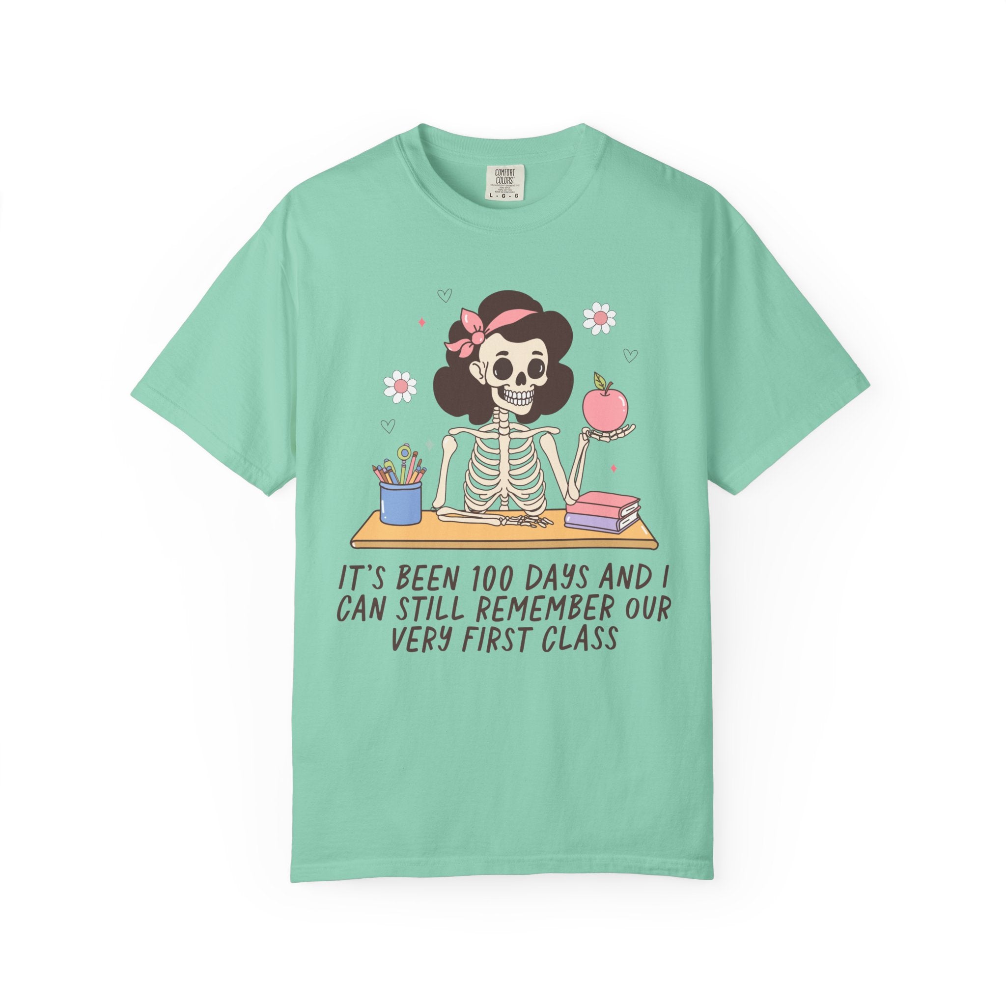 Silly One Hundred Days of School Teacher T-Shirt for Third Grade Crew or Fourth Grade Squad, Funny Retro Skeleton Teacher Holding an Apple - Opal and June