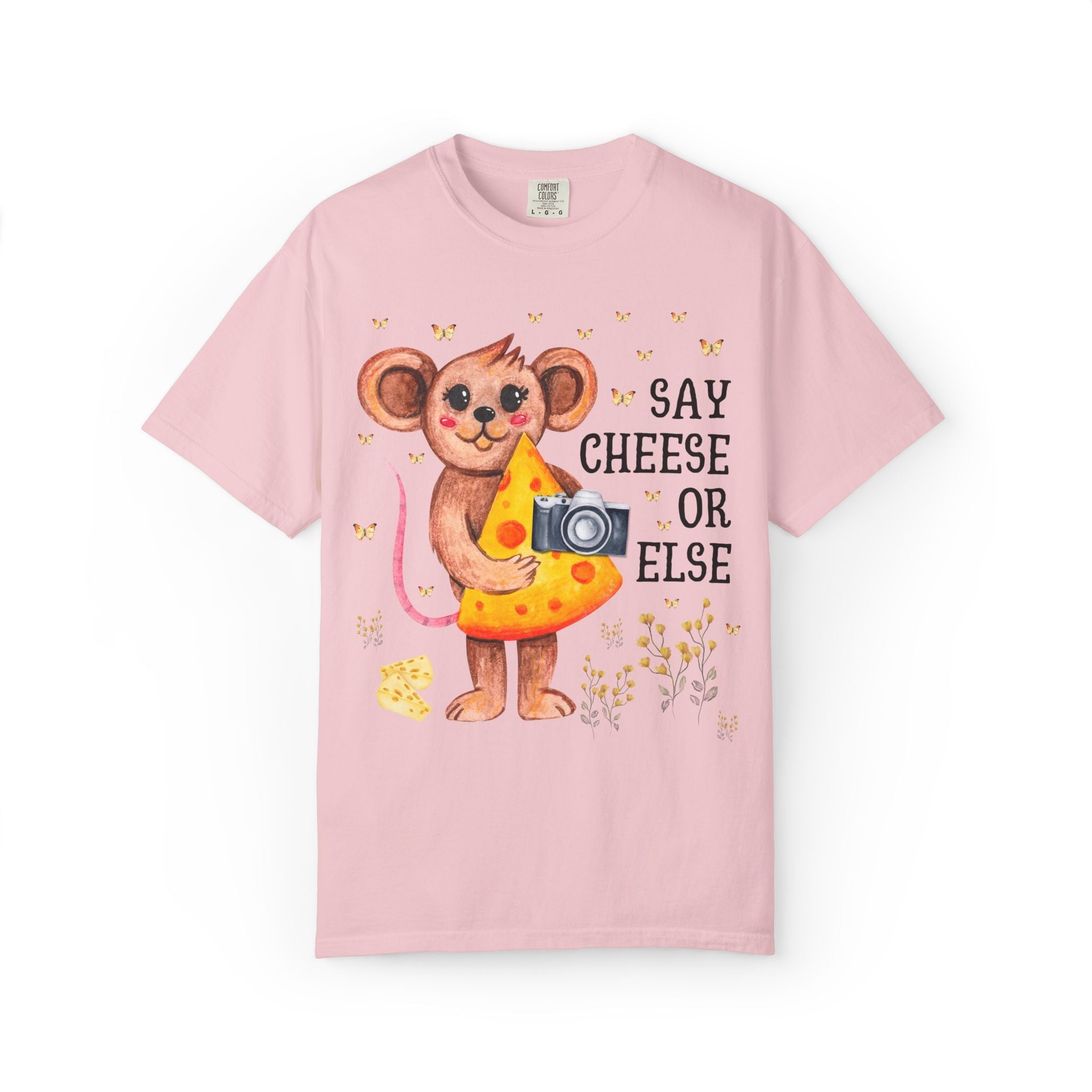 Silly Photographer Gift with Mouse Holding a Camera: Say Cheese or Else, Funny Sarcastic Wedding Photographer T-Shirt with Butterflies - Opal and June