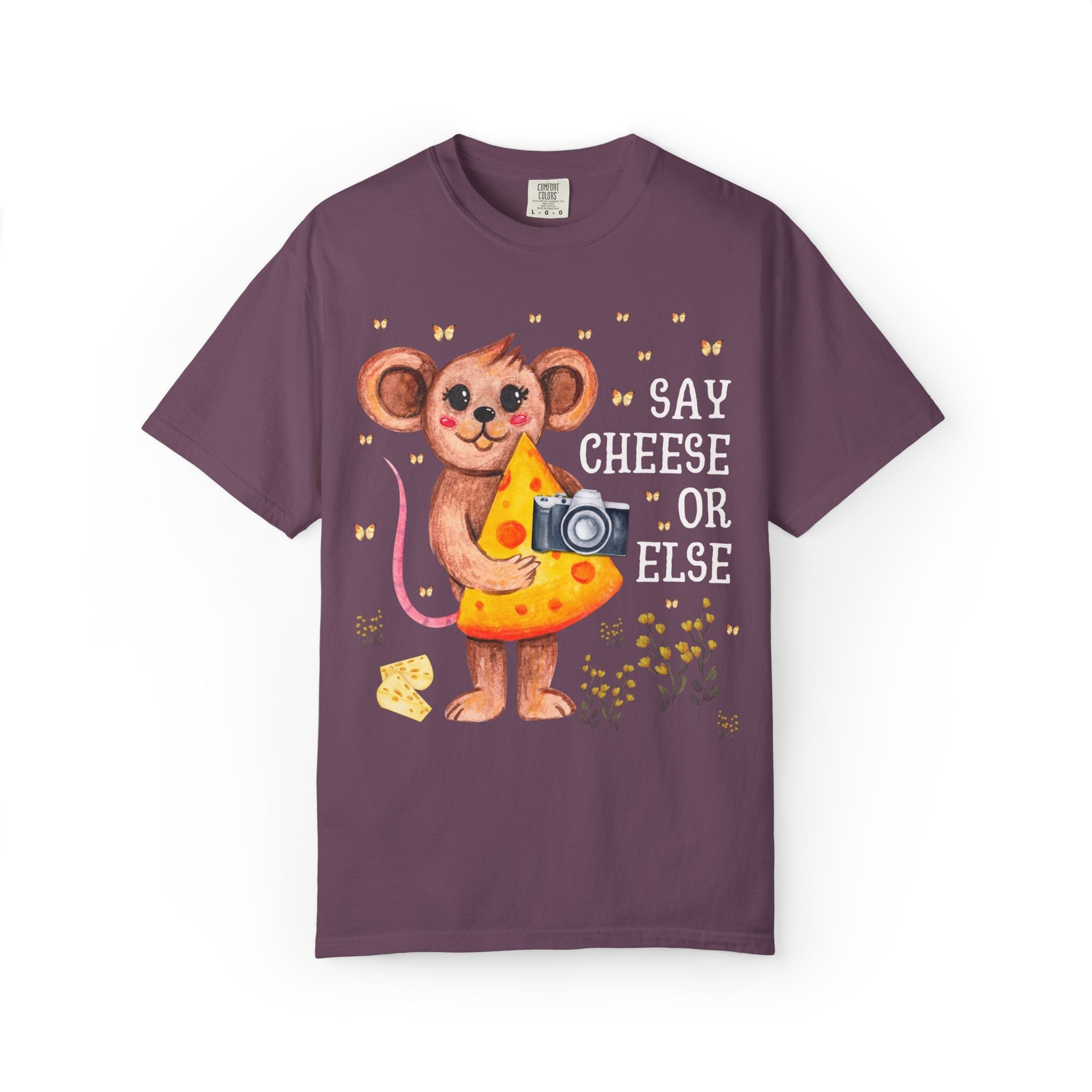 Silly Photographer Gift with Mouse Holding a Camera: Say Cheese or Else, Funny Sarcastic Wedding Photographer T-Shirt with Butterflies - Opal and June