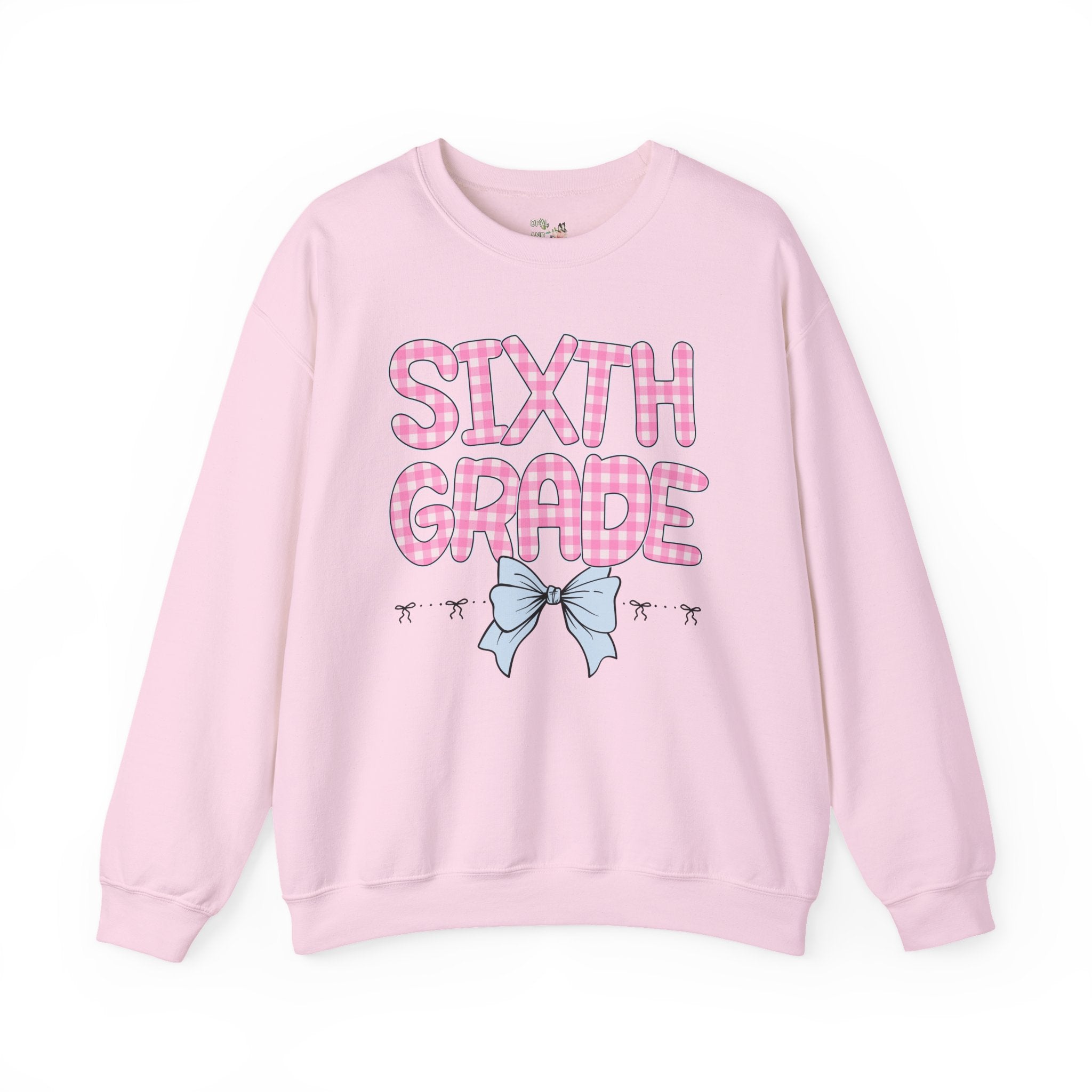 Sixth Grade Teacher Sweatshirt, Pink Gingham Letters, First Day of School, Back to School Matching Teacher Shirt with Bow, Soft Girl Style - Opal and June