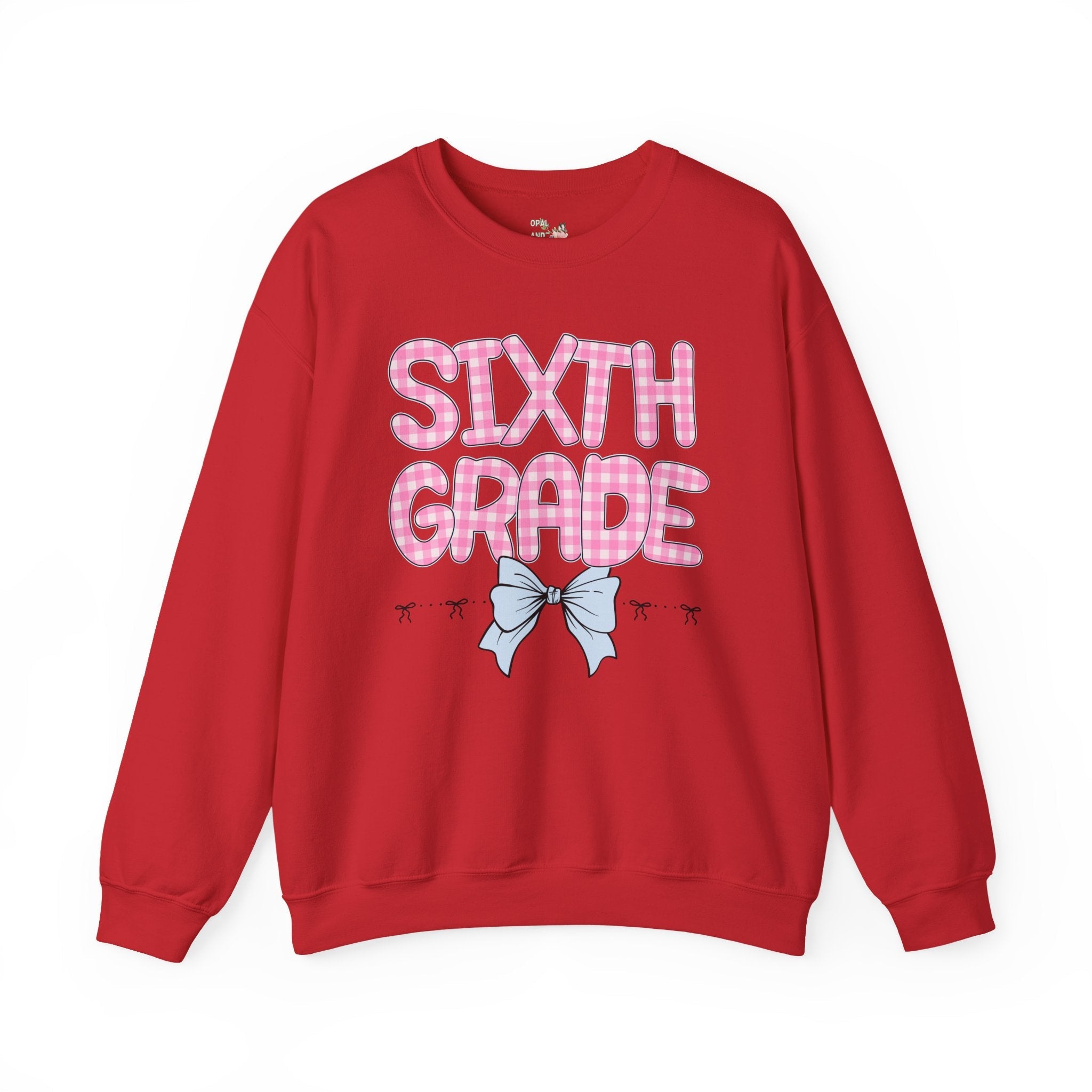 Sixth Grade Teacher Sweatshirt, Pink Gingham Letters, First Day of School, Back to School Matching Teacher Shirt with Bow, Soft Girl Style - Opal and June