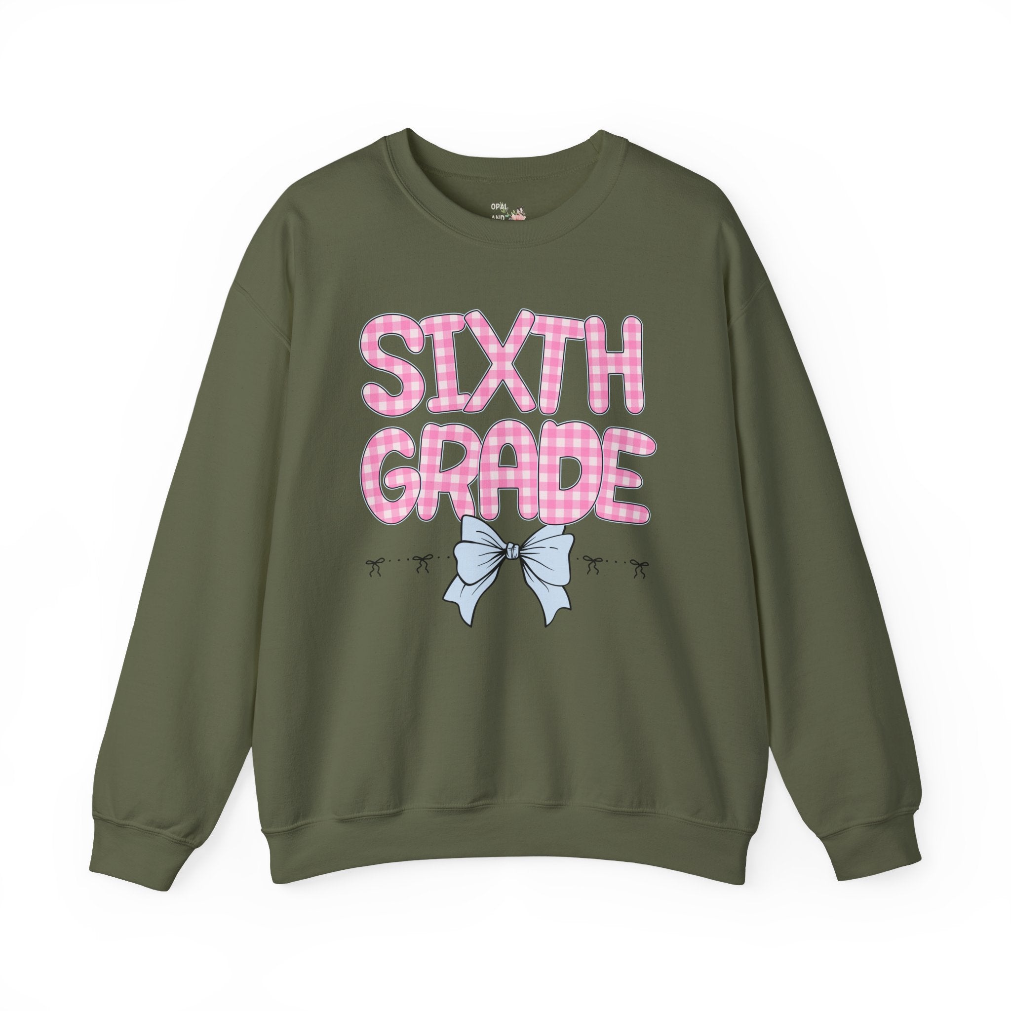 Sixth Grade Teacher Sweatshirt, Pink Gingham Letters, First Day of School, Back to School Matching Teacher Shirt with Bow, Soft Girl Style - Opal and June