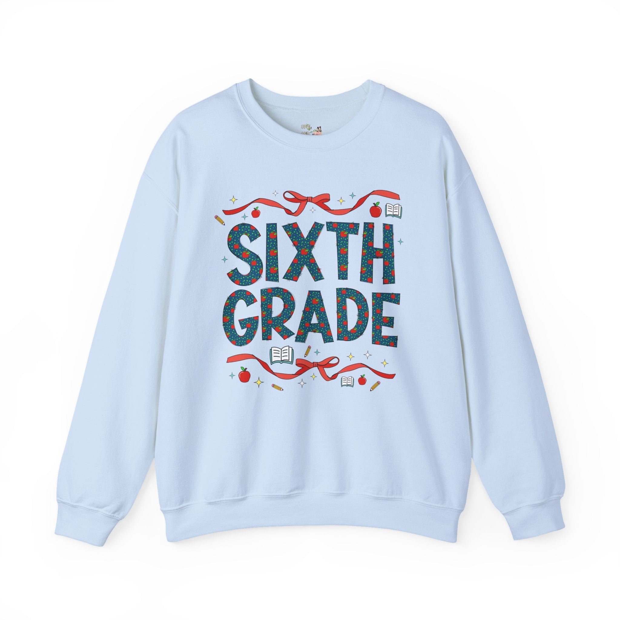 Sixth Grade Teacher Sweatshirt with Cute Bows and Retro Apples, Teacher Team Crewneck for Back to School, First Day of School Matching Tee - Opal and June
