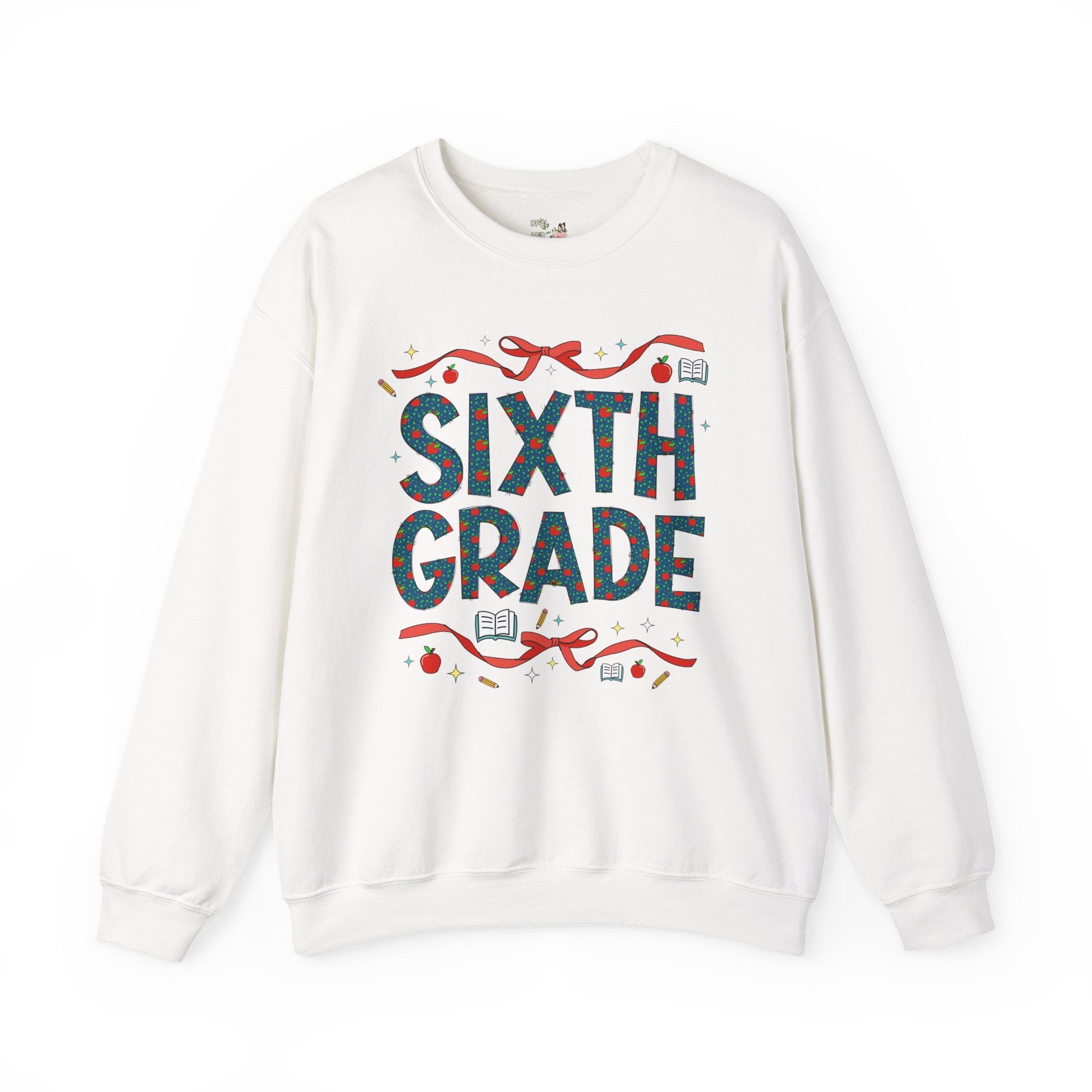 Sixth Grade Teacher Sweatshirt with Cute Bows and Retro Apples, Teacher Team Crewneck for Back to School, First Day of School Matching Tee - Opal and June