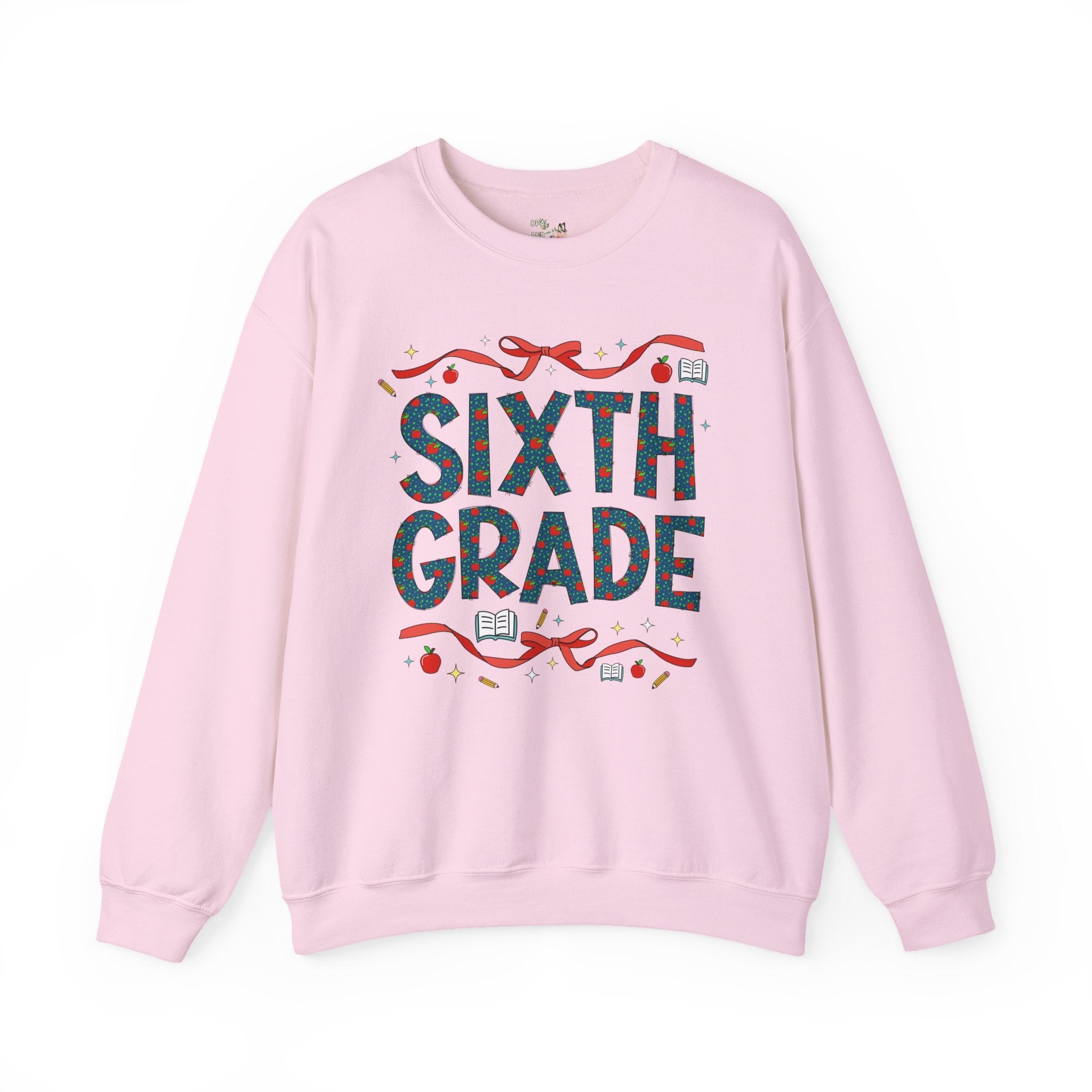 Sixth Grade Teacher Sweatshirt with Cute Bows and Retro Apples, Teacher Team Crewneck for Back to School, First Day of School Matching Tee - Opal and June