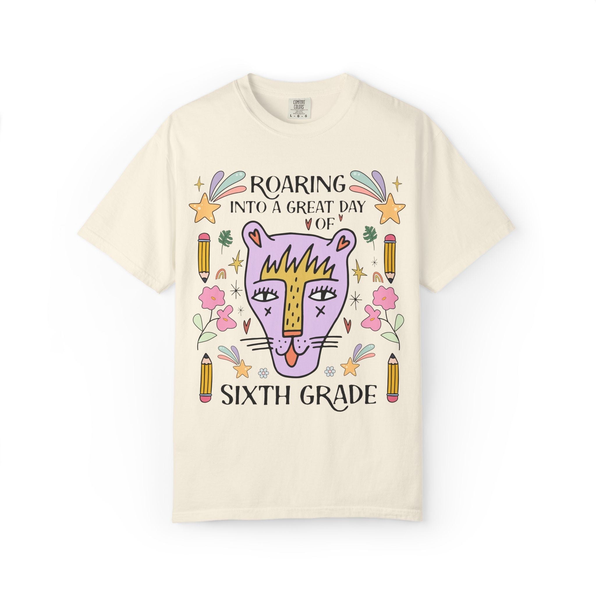Sixth Grade Teacher Tee Shirt: Roaring Into a Great Day of 6th Grade | Cute Eclectic Matching Teacher or Paraprofessional Tee, Animal Lover - Opal and June