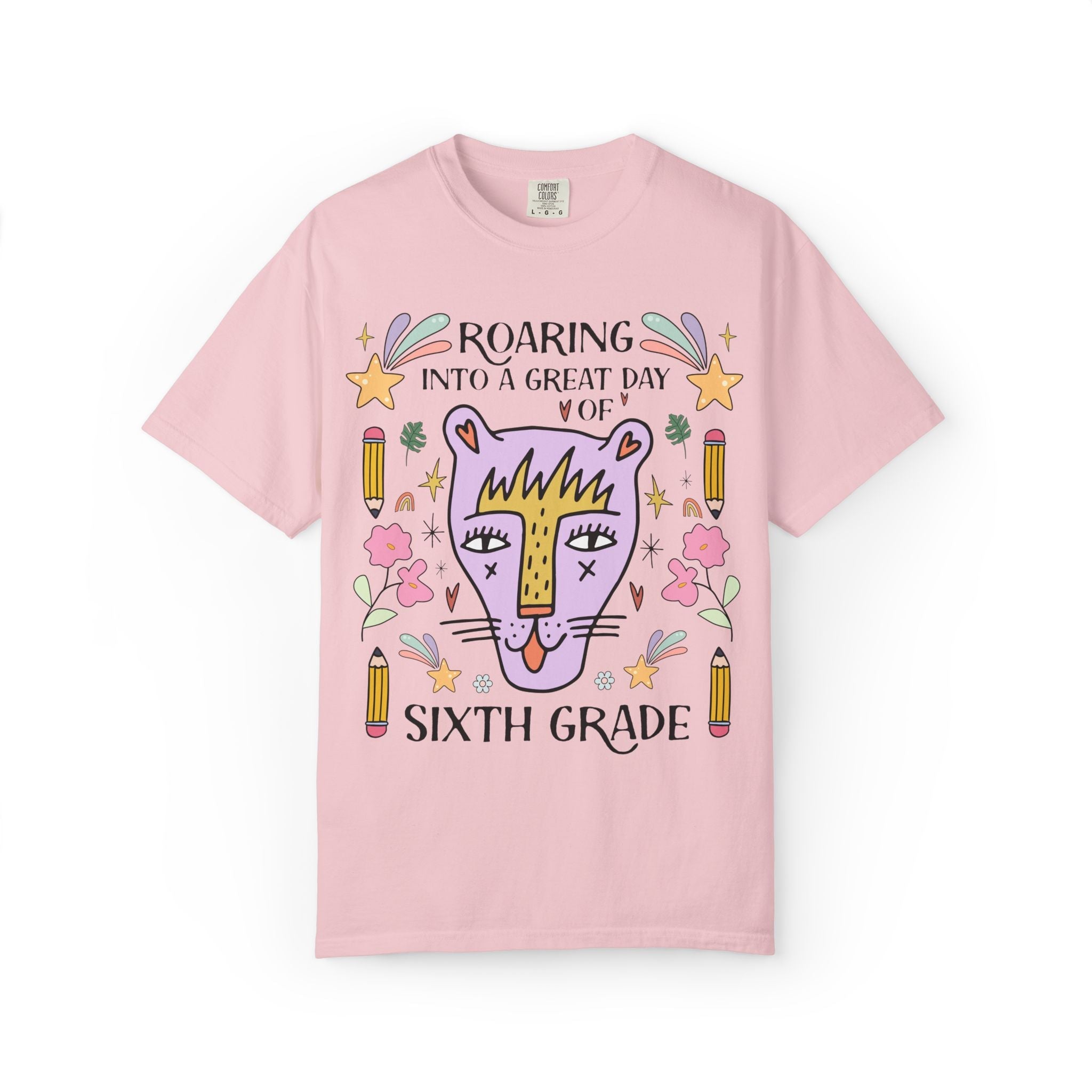 Sixth Grade Teacher Tee Shirt: Roaring Into a Great Day of 6th Grade | Cute Eclectic Matching Teacher or Paraprofessional Tee, Animal Lover - Opal and June