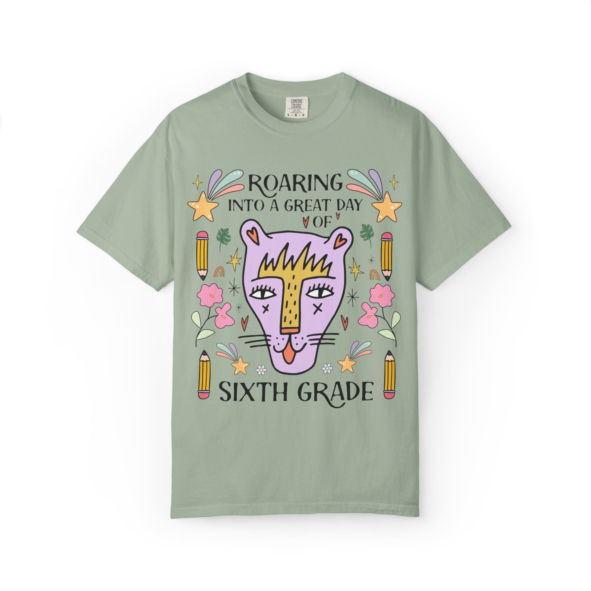 Sixth Grade Teacher Tee Shirt: Roaring Into a Great Day of 6th Grade | Cute Eclectic Matching Teacher or Paraprofessional Tee, Animal Lover - Opal and June