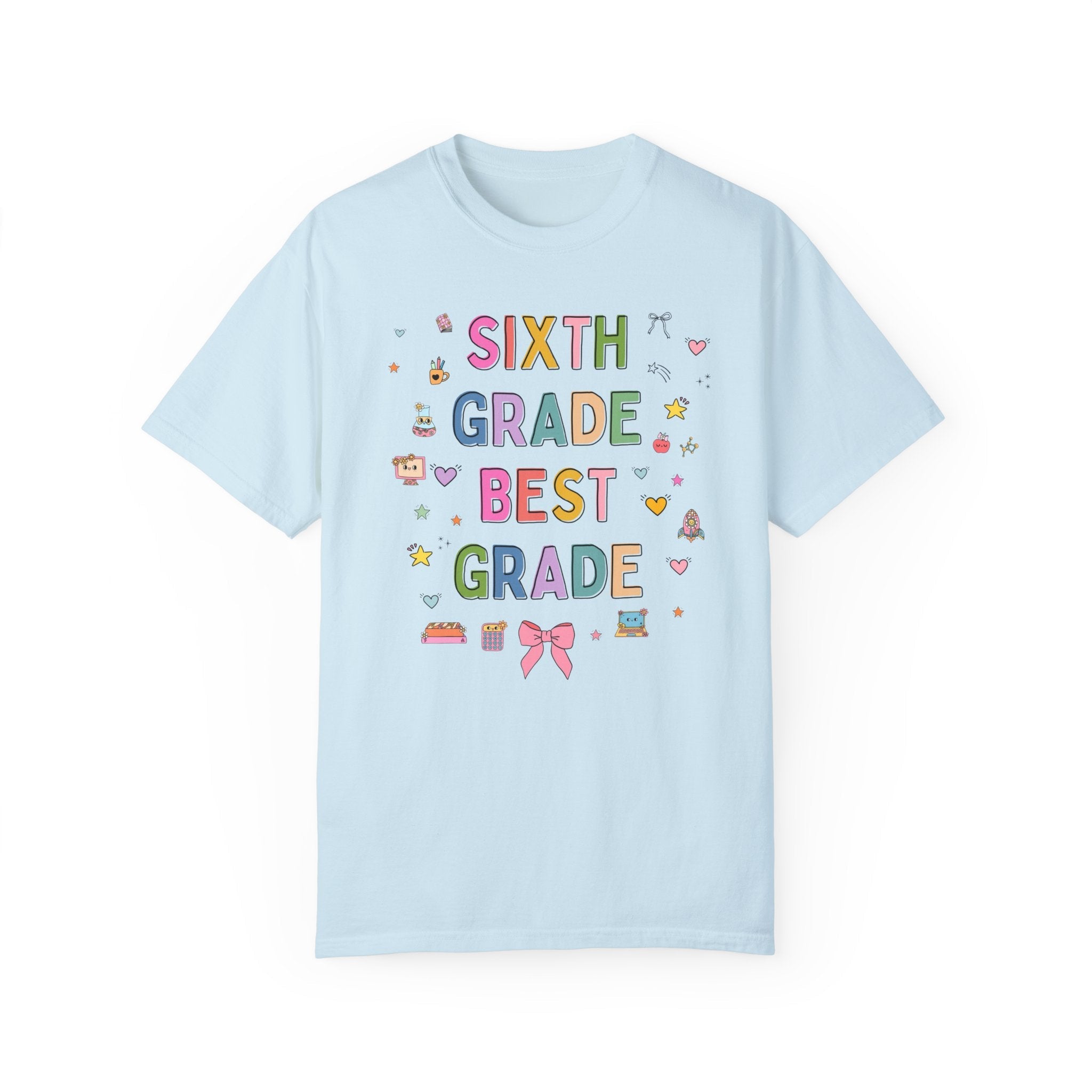 Sixth Grade Teacher Tee Shirt with Cute 90s Aesthetic Doodles, Colorful Matching Teacher T-Shirt for Sixth Grade Crew, New Teacher Present - Opal and June