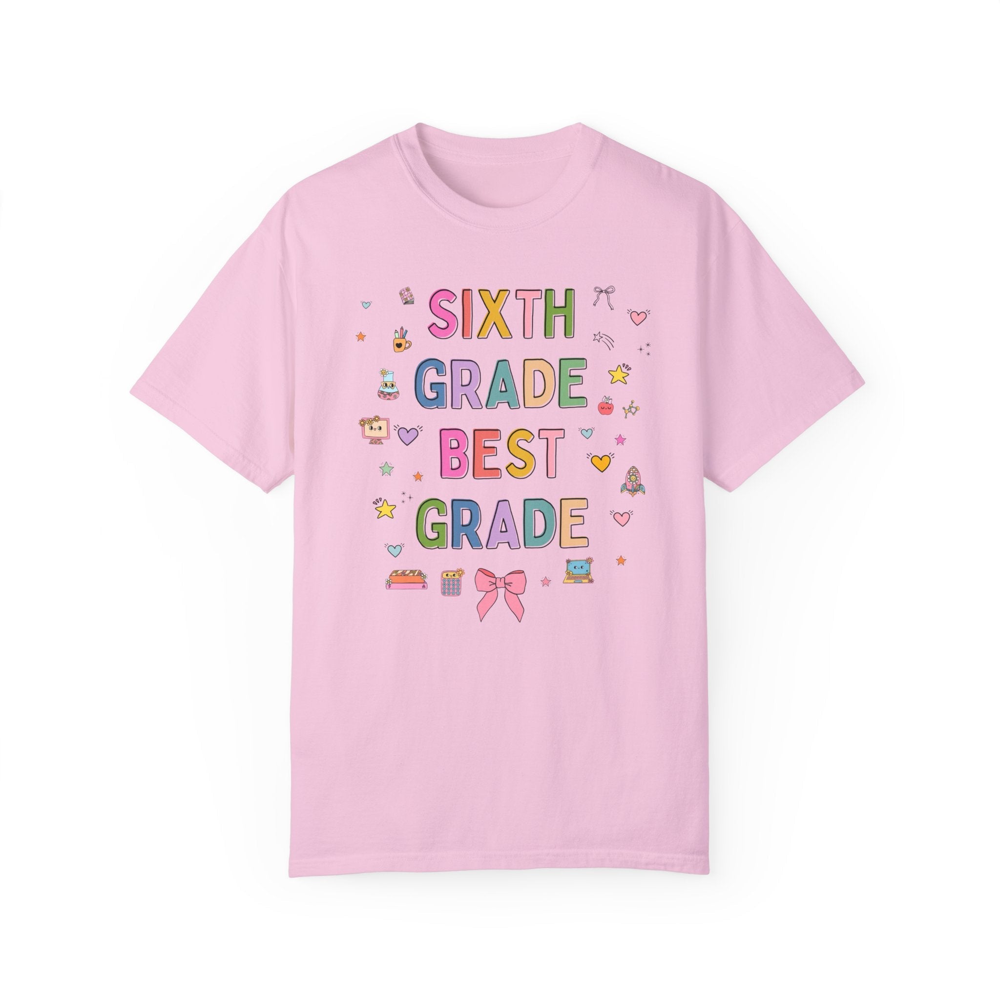 Sixth Grade Teacher Tee Shirt with Cute 90s Aesthetic Doodles, Colorful Matching Teacher T-Shirt for Sixth Grade Crew, New Teacher Present - Opal and June
