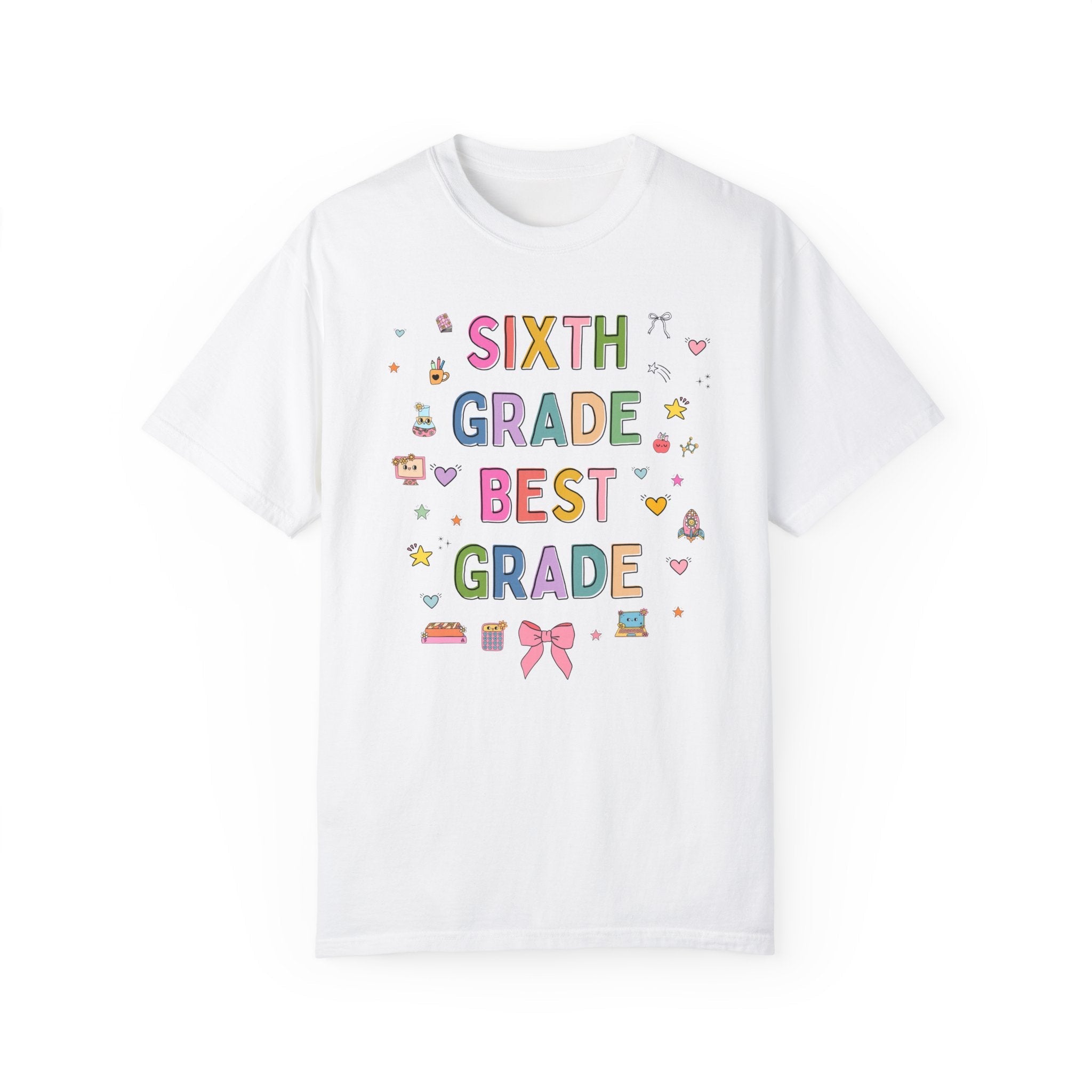Sixth Grade Teacher Tee Shirt with Cute 90s Aesthetic Doodles, Colorful Matching Teacher T-Shirt for Sixth Grade Crew, New Teacher Present - Opal and June
