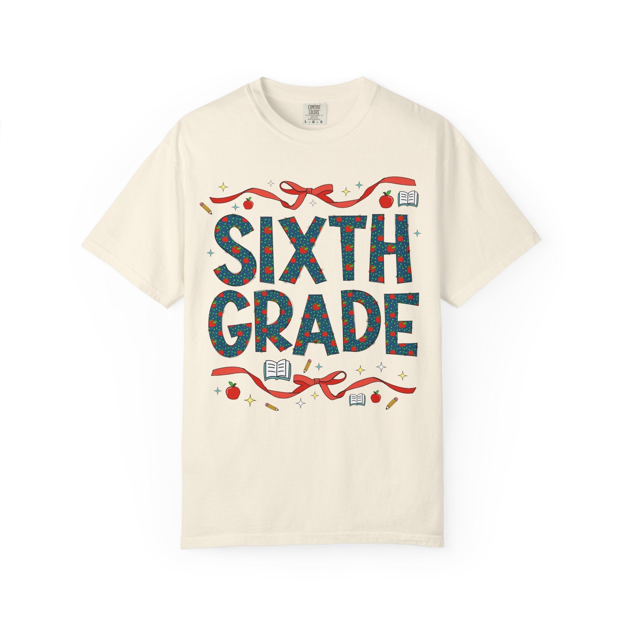 Sixth Grade Teacher Tee Shirt with Cute Bows and Retro Apples, Teacher Team T-Shirt for Back to School, First Day of School Matching Tee - Opal and June