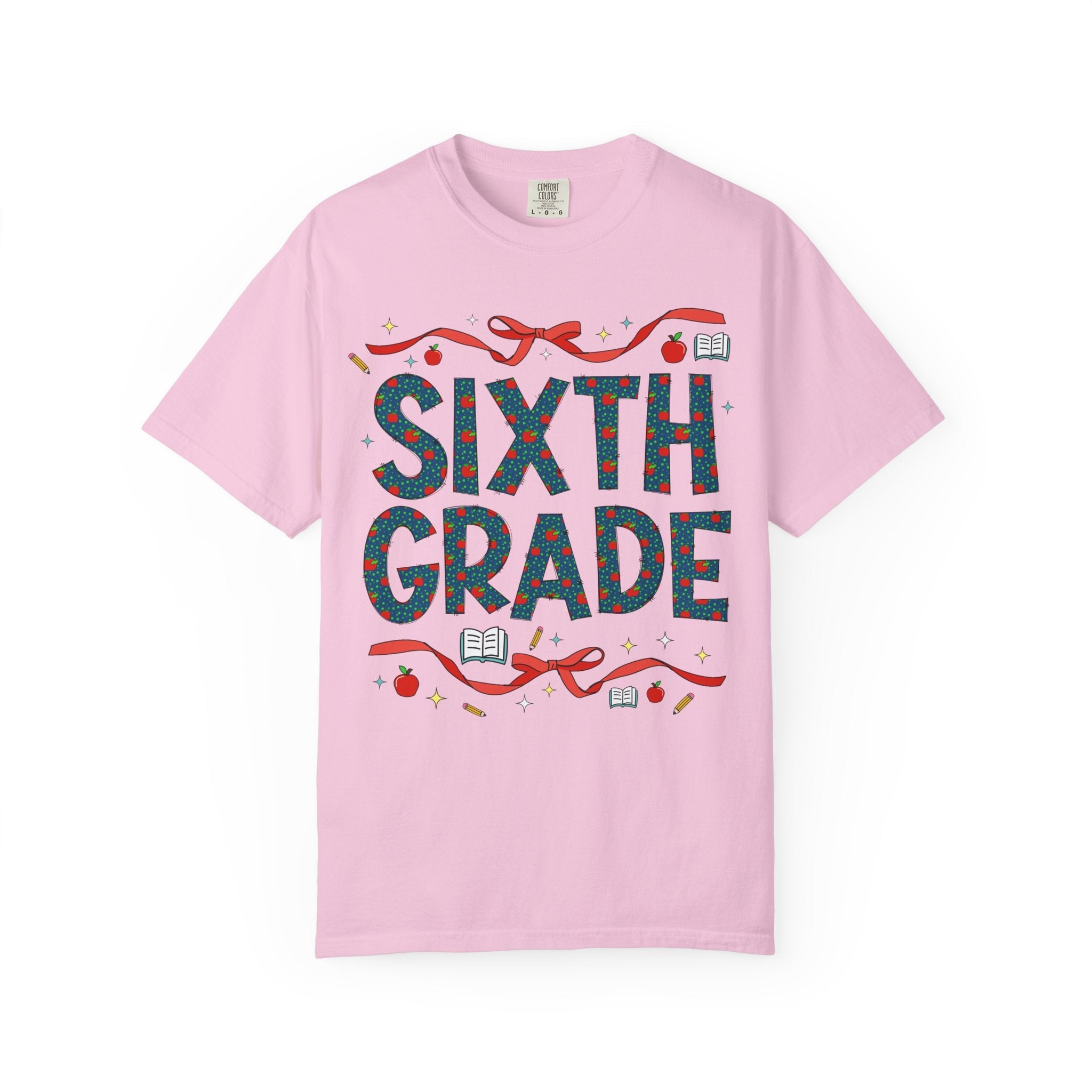 Sixth Grade Teacher Tee Shirt with Cute Bows and Retro Apples, Teacher Team T-Shirt for Back to School, First Day of School Matching Tee - Opal and June