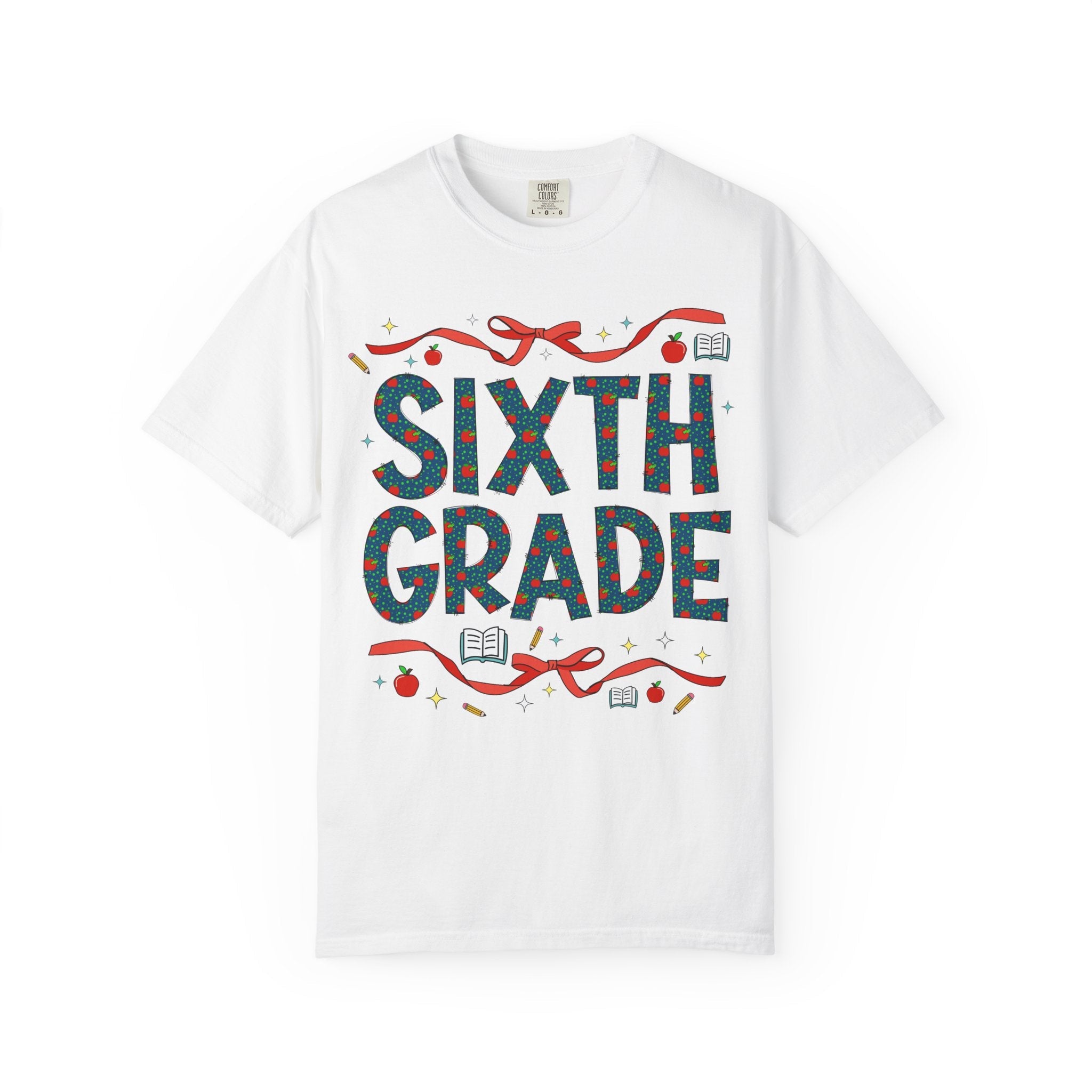 Sixth Grade Teacher Tee Shirt with Cute Bows and Retro Apples, Teacher Team T-Shirt for Back to School, First Day of School Matching Tee - Opal and June
