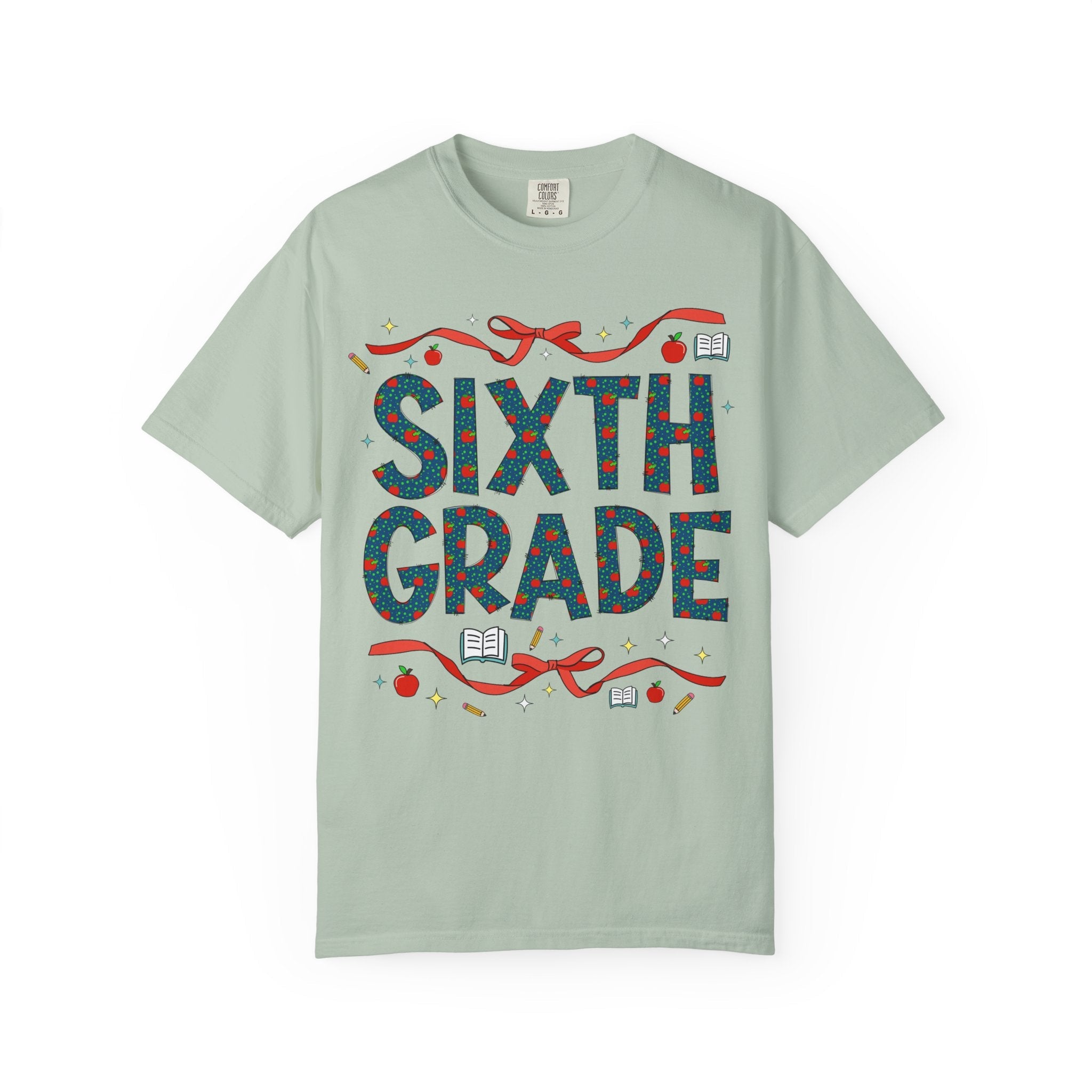 Sixth Grade Teacher Tee Shirt with Cute Bows and Retro Apples, Teacher Team T-Shirt for Back to School, First Day of School Matching Tee - Opal and June