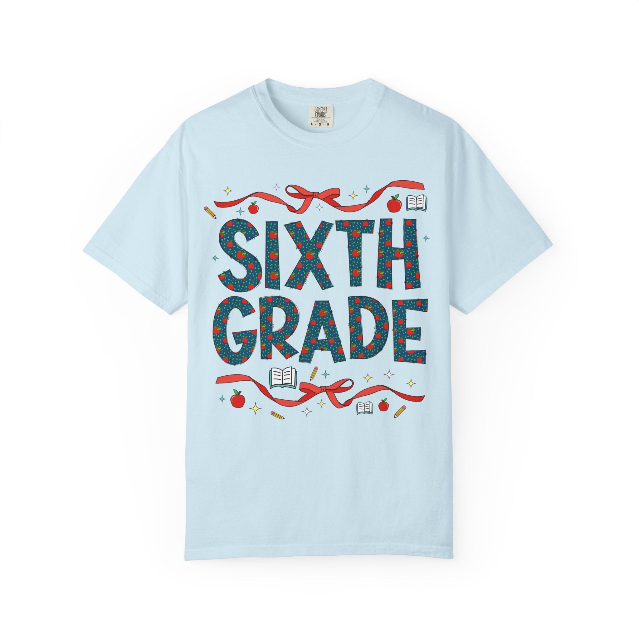 Sixth Grade Teacher Tee Shirt with Cute Bows and Retro Apples, Teacher Team T-Shirt for Back to School, First Day of School Matching Tee - Opal and June