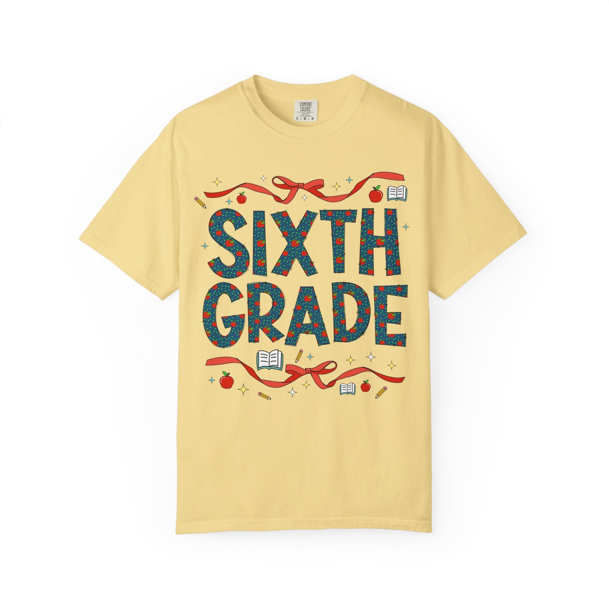 Sixth Grade Teacher Tee Shirt with Cute Bows and Retro Apples, Teacher Team T-Shirt for Back to School, First Day of School Matching Tee - Opal and June