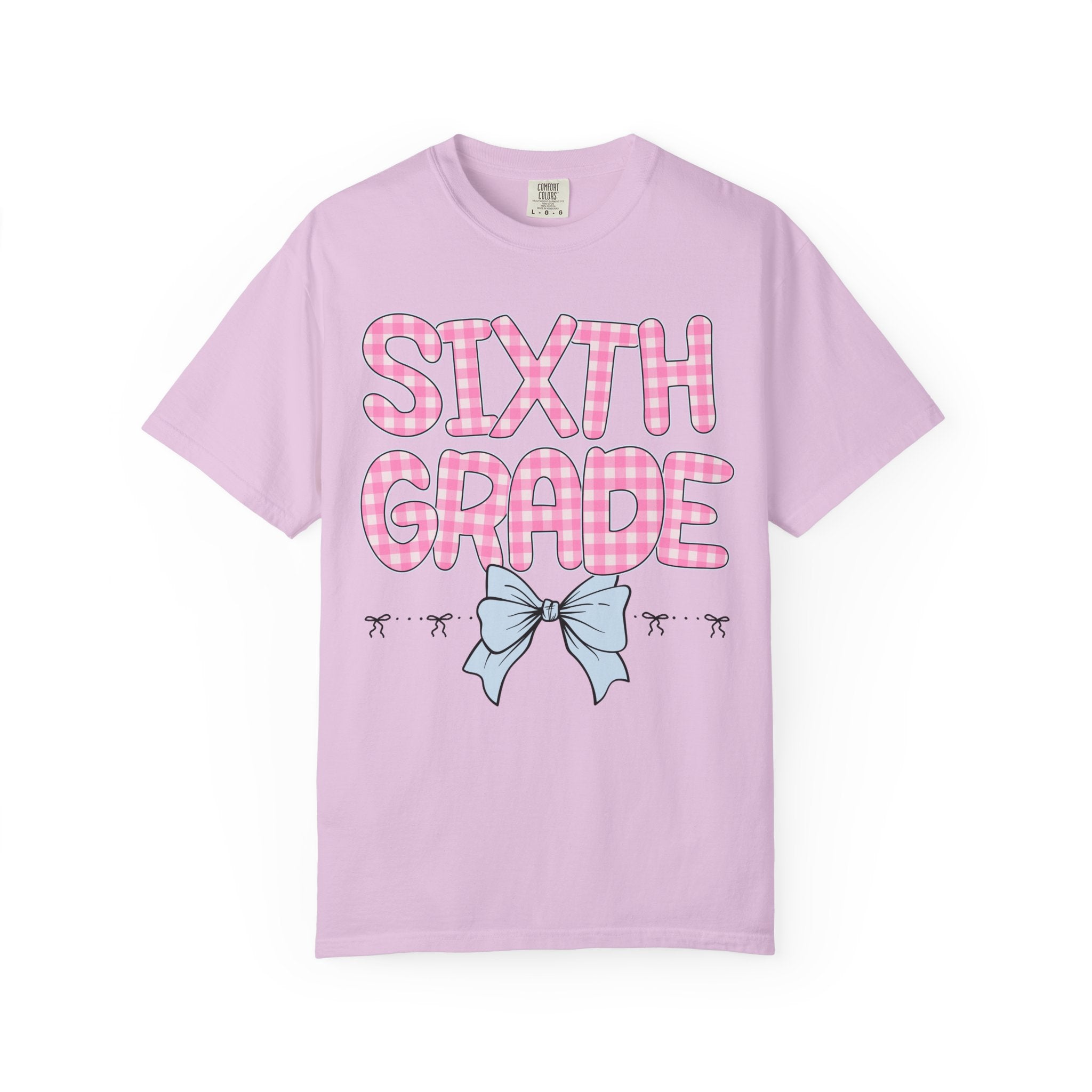 Sixth Grade Teacher Tee Shirt with Pink Gingham Letters, First Day of School, Back to School Matching Teacher Tee with Bow, Soft Girl Style - Opal and June