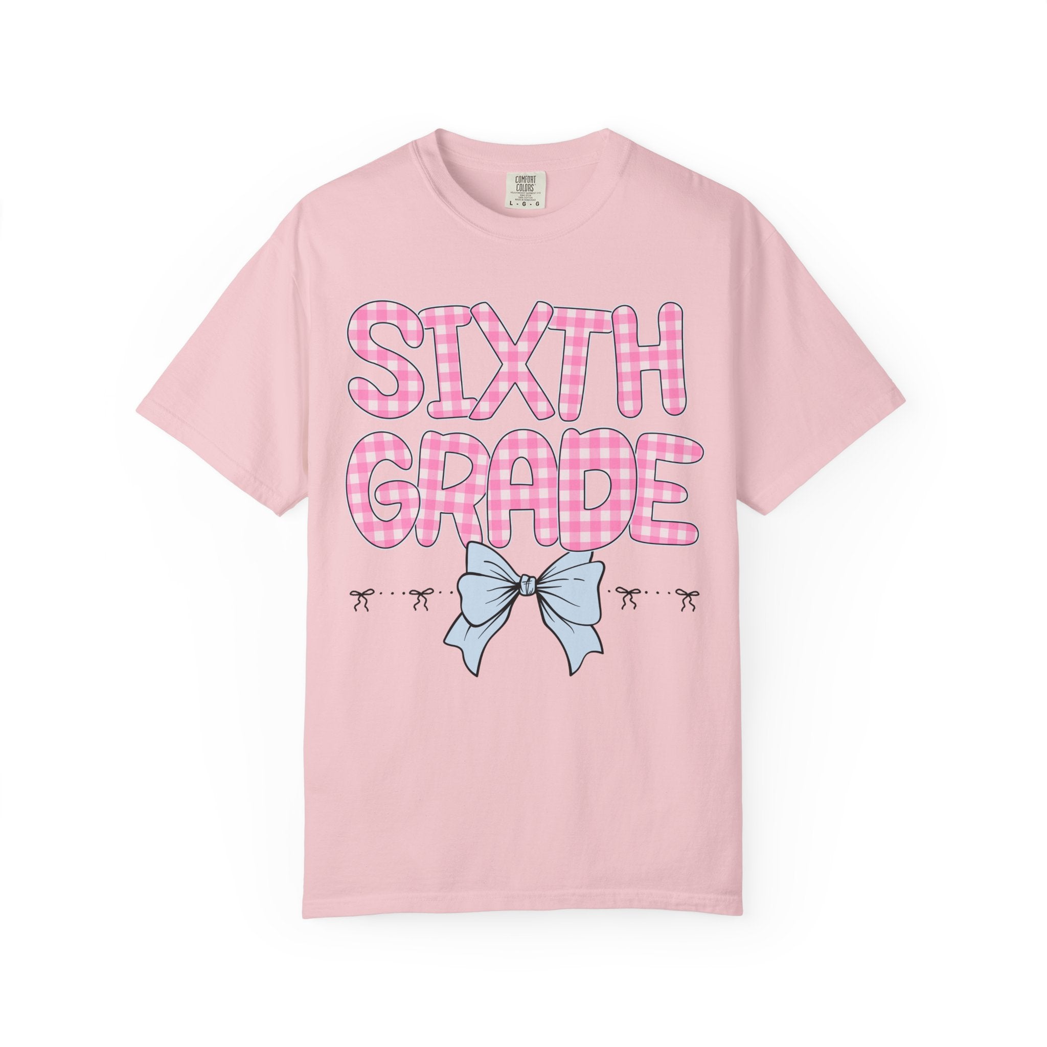 Sixth Grade Teacher Tee Shirt with Pink Gingham Letters, First Day of School, Back to School Matching Teacher Tee with Bow, Soft Girl Style - Opal and June
