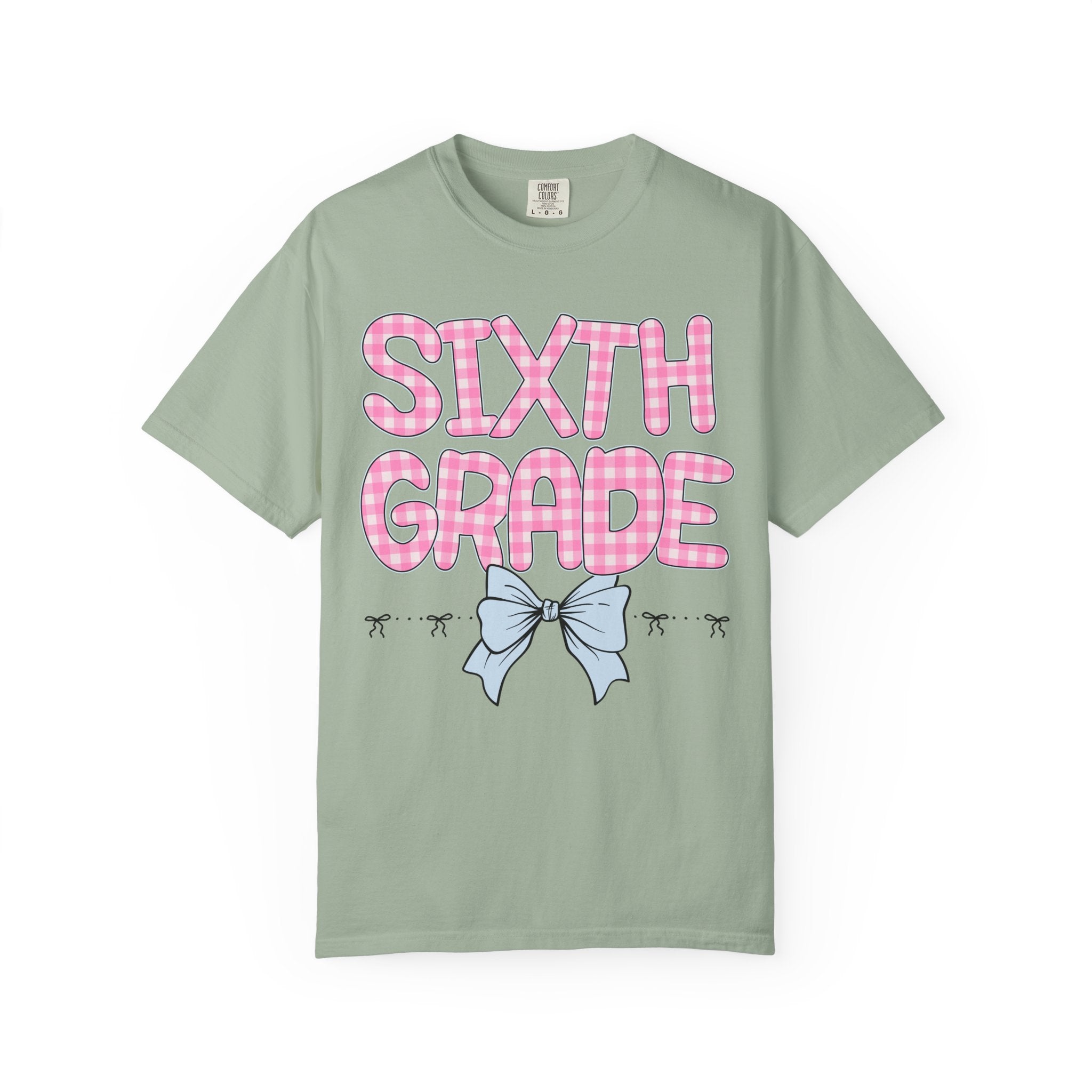 Sixth Grade Teacher Tee Shirt with Pink Gingham Letters, First Day of School, Back to School Matching Teacher Tee with Bow, Soft Girl Style - Opal and June