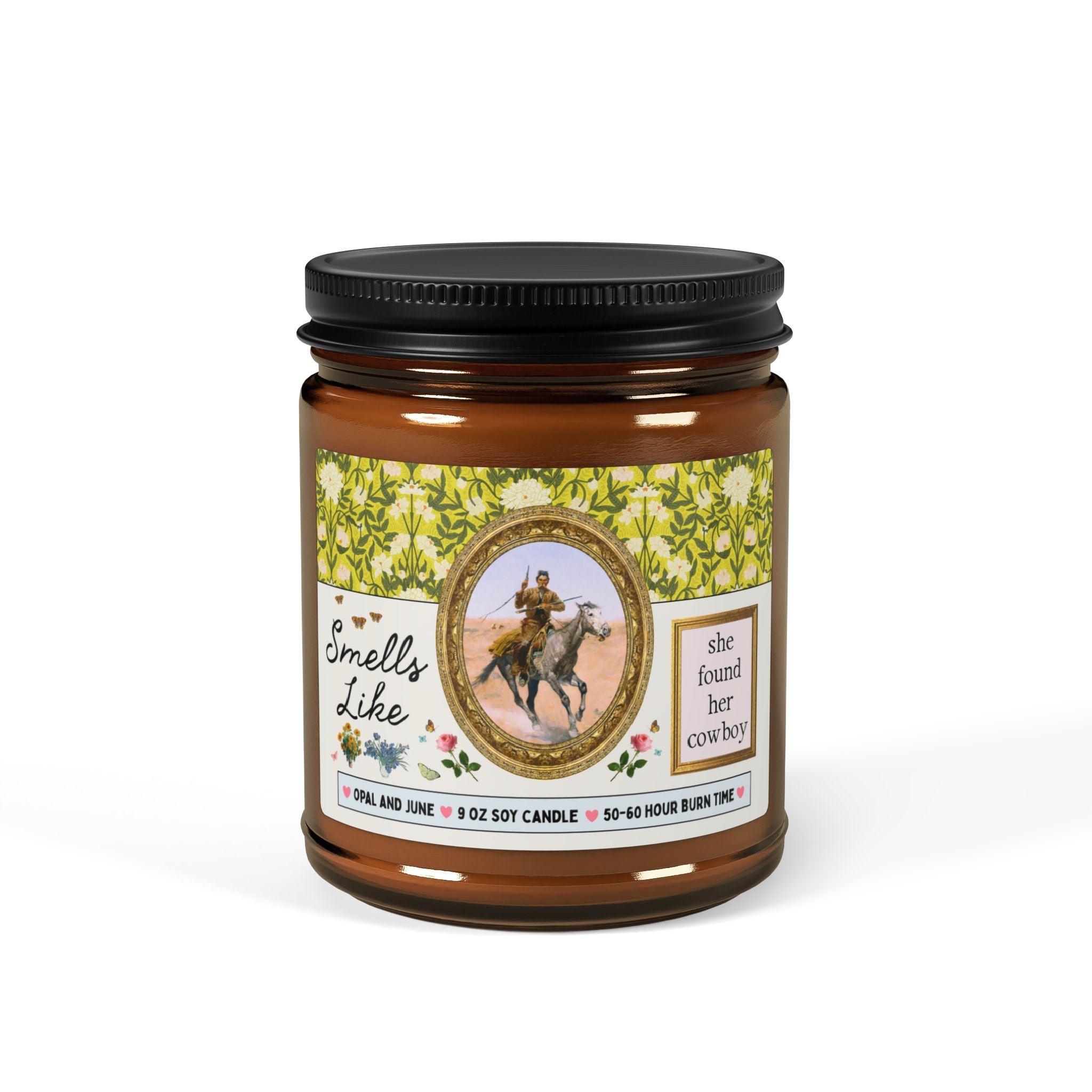 Smells Like She Found Her Cowboy: Funny 9 Oz Soy Candle for Bachelorette Party or Weekend, Newly Engaged Bride Gift - Opal and June