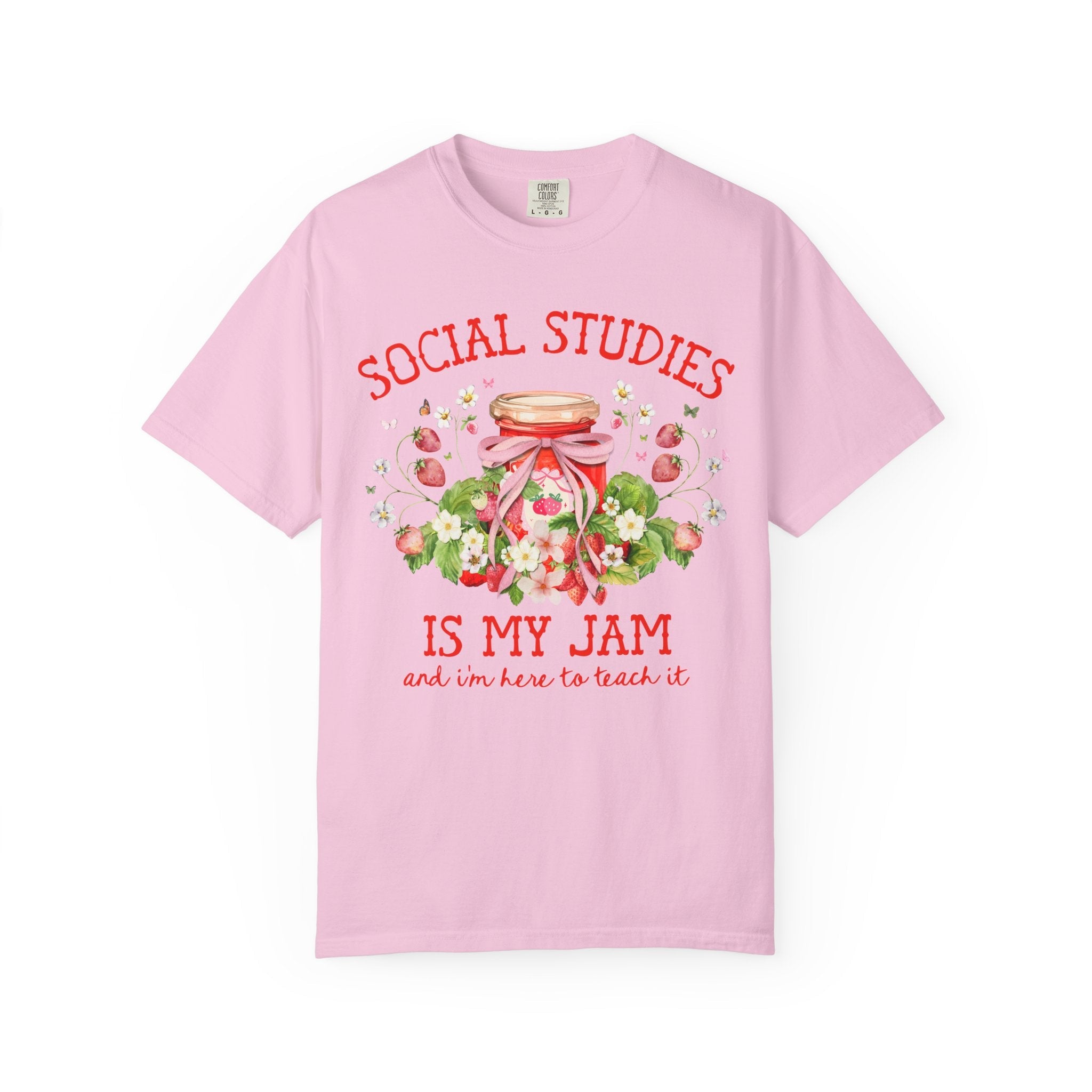Social Studies Teacher Tee Shirt with Boho Strawberries, Cute Matching History Department Shirt with Flowers, Back to School Social Studies - Opal and June