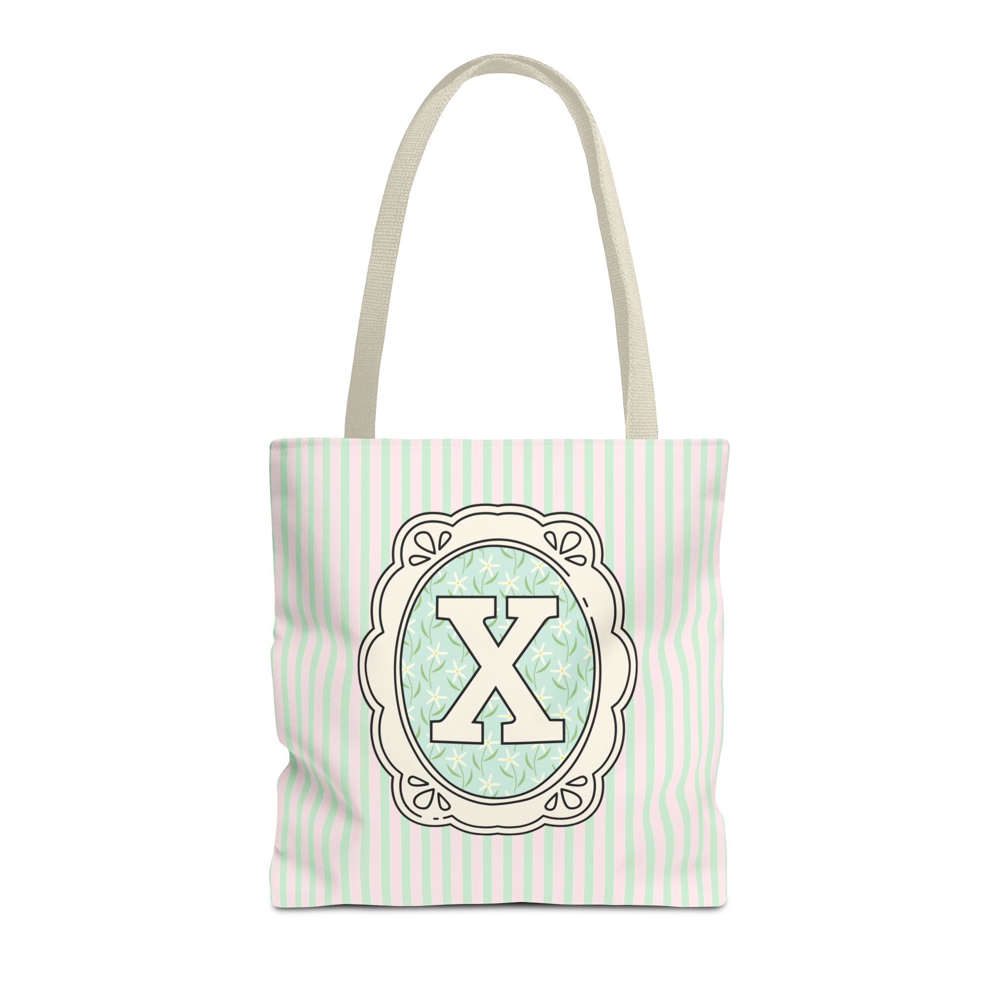 Soft Cottagecore Aesthetic Tote Bag with Flowers and Stripes, Cute Matching Bachelorette Gift for Sisters, Tote with Initial or Letter: X - Opal and June