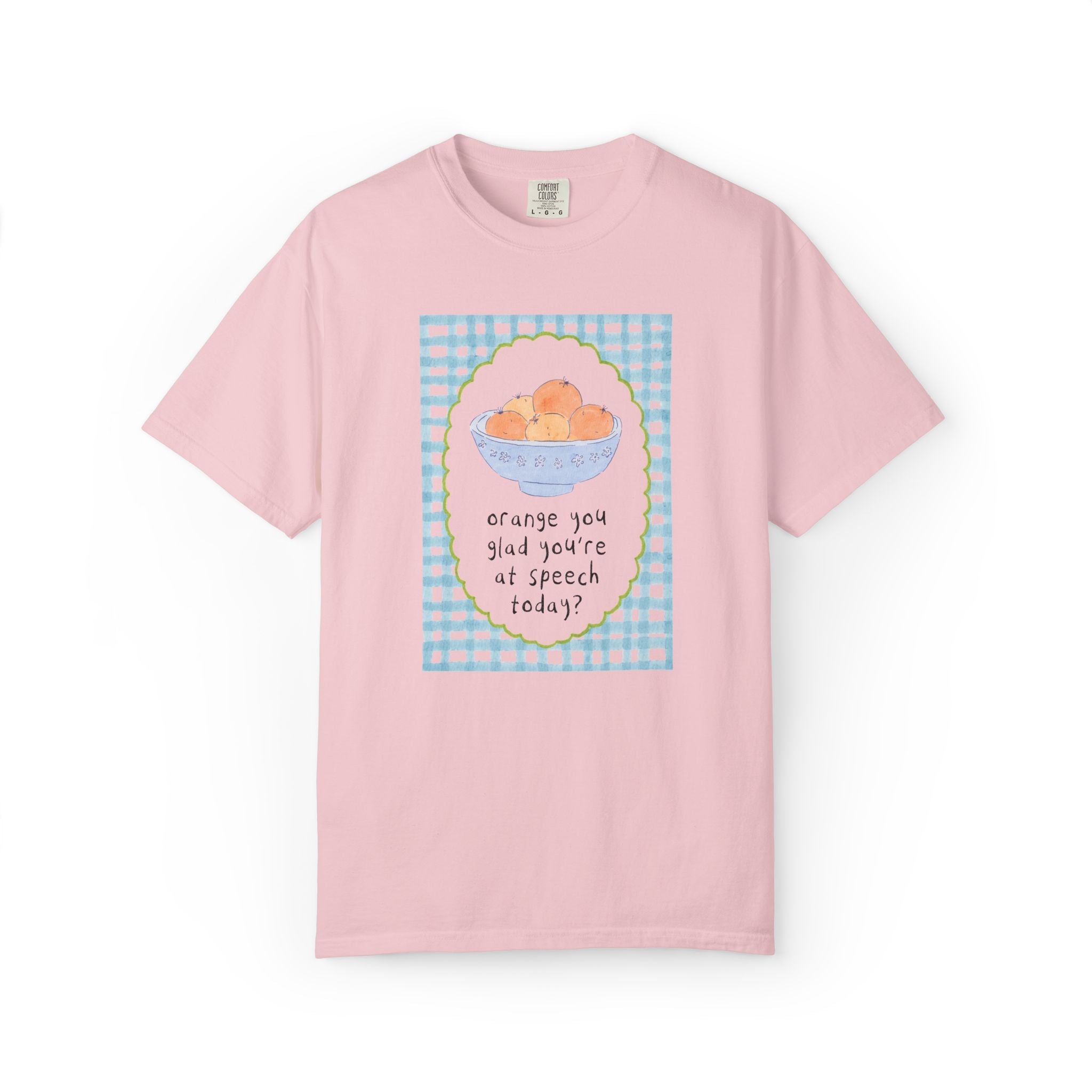 Speech Therapy: Orange You Glad Matchin Speech Therapist Tee Shirt, Silly and Cute Back to School Tee with Blue Gingham and Oranges in a Bowl - Opal and June