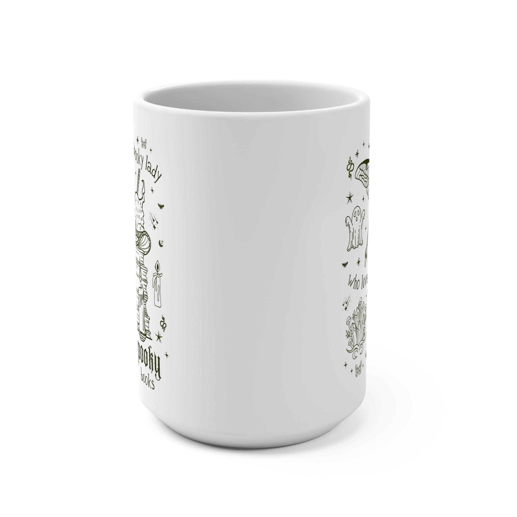 Spooky Bookish Coffee Mug for Reader Who Loves Horror Novels or Mystery Books: Cute 90s Aesthetic Tattoo Style Halloween 15 Oz Bookworm Mug - Opal and June