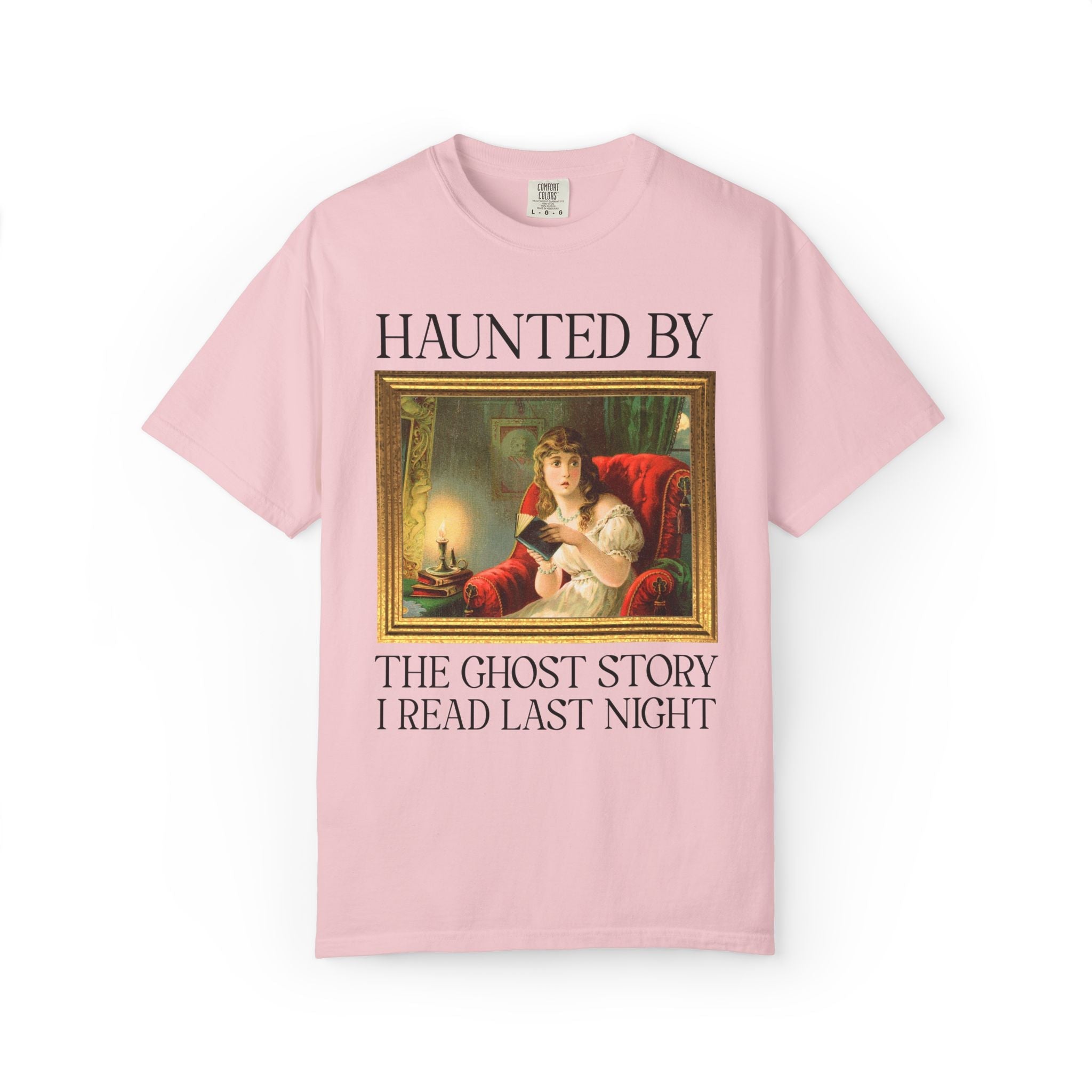 Spooky Reader Art History Buff Tee Shirt with Famous Painting: Haunted by the Ghost Story I Read Last Night, Halloween Bookish Ghost Tee - Opal and June