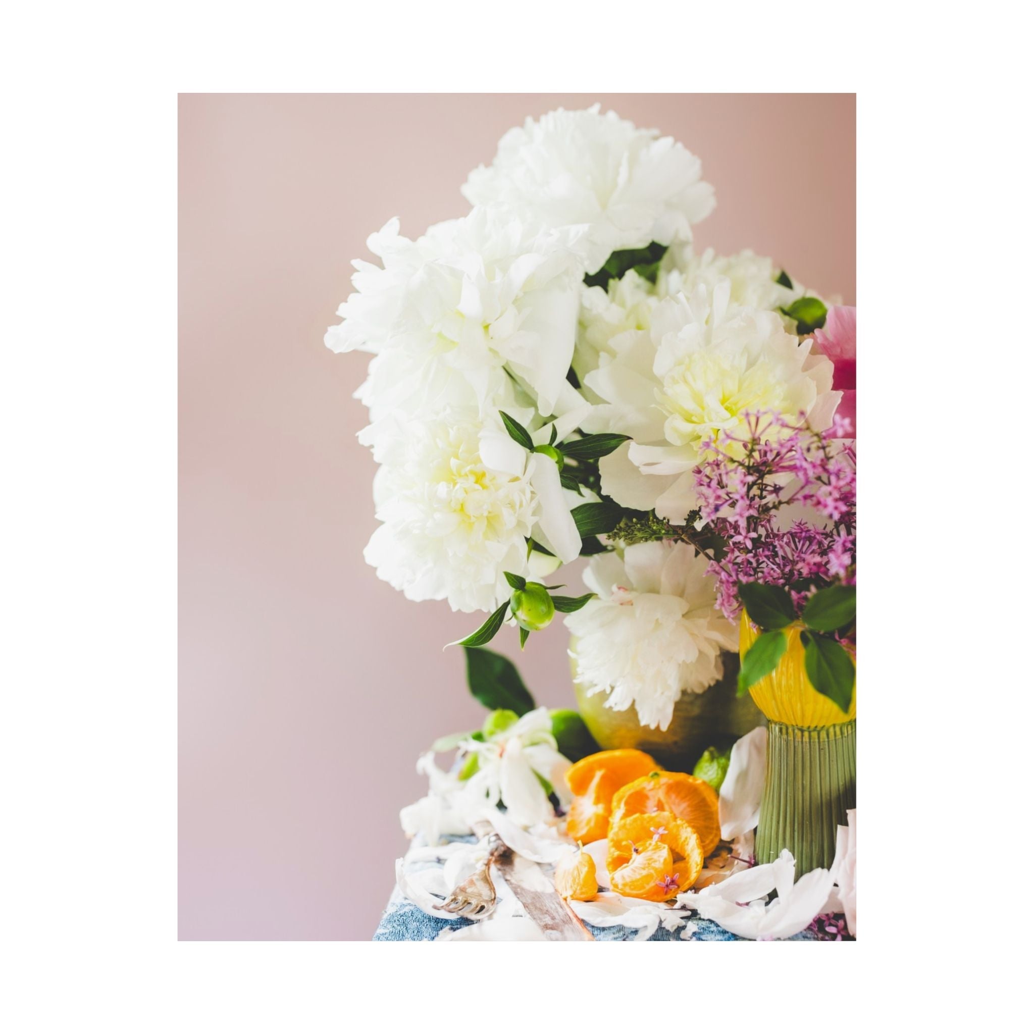 Spring Peony and Lilac Print with Oranges and Utensils - Opal and June