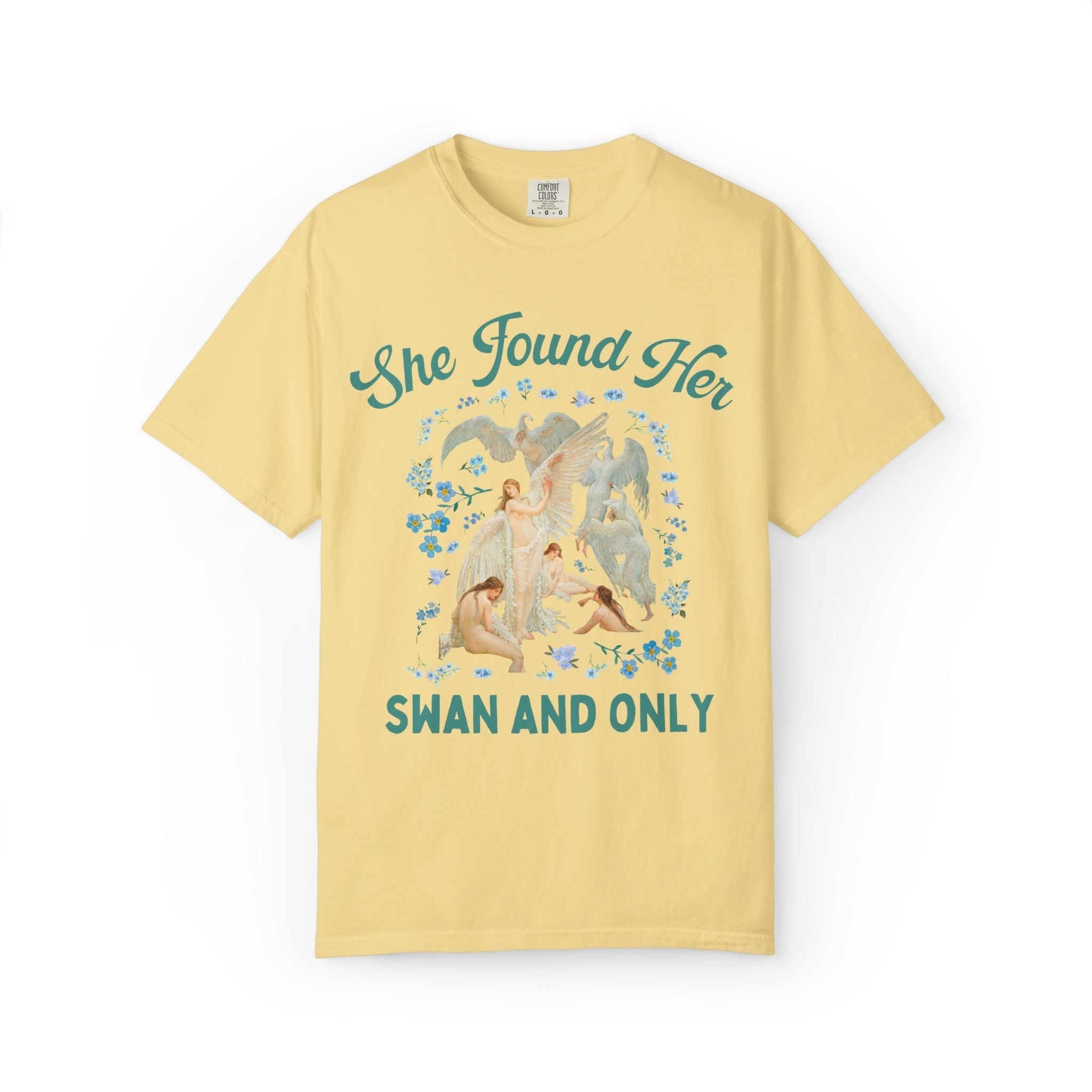 Swan Bachelorette Tee Shirt with Flowers: Cute Matching Bride and Bridesmaid Tee Shirt for Wedding Weekend, Walter Crane Art History T-Shirt - Opal and June