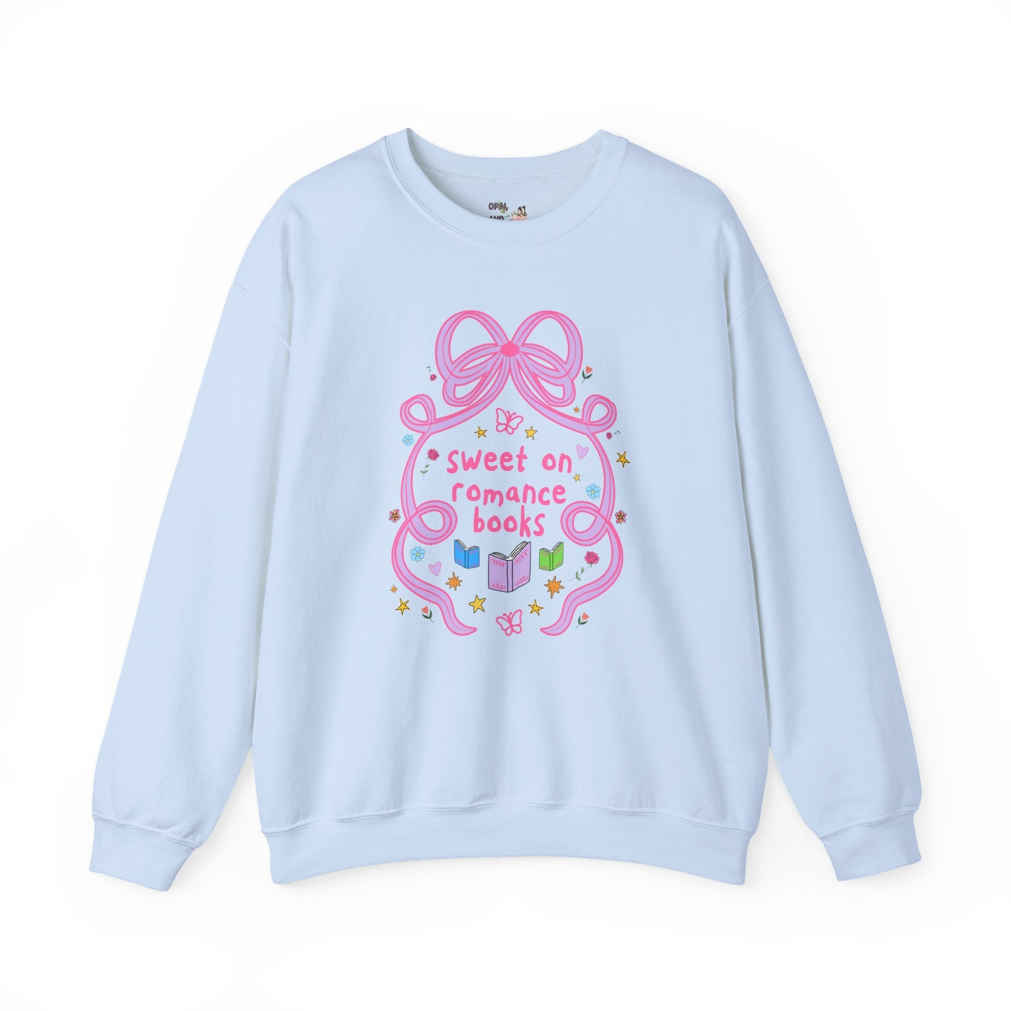Sweet on Romance Books Bookish Sweatshirt with Bow, Bookworm or Book Lover Shirt with Cute Doodles, Romance Reader or Romance Book Author Gift - Opal and June