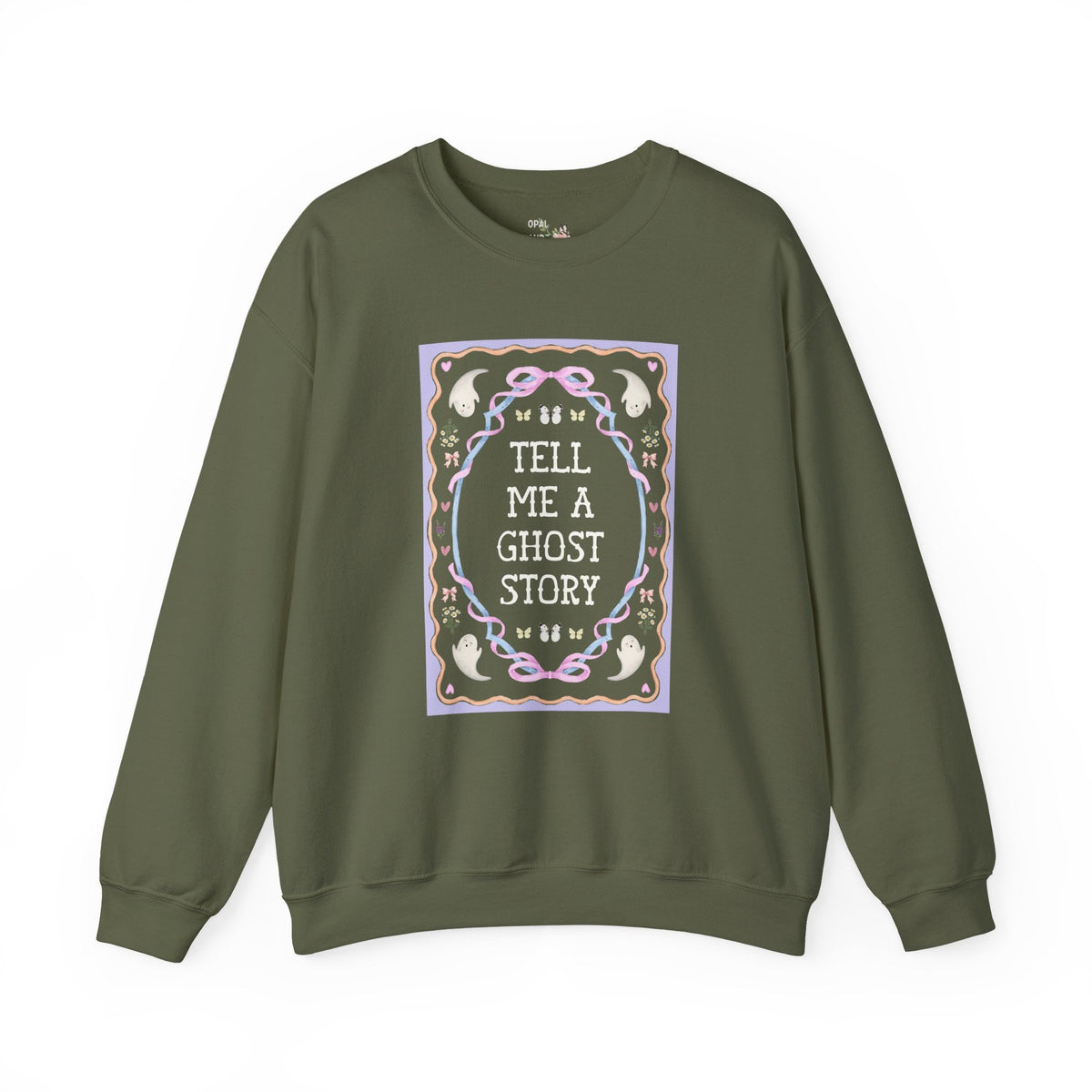 Tell Me a Ghost Story Cutecore Whimsy Halloween Sweatshirt for Friend Who Loves Ghost Stories, Spooky History Buff Crewneck with Ghosts - Opal and June