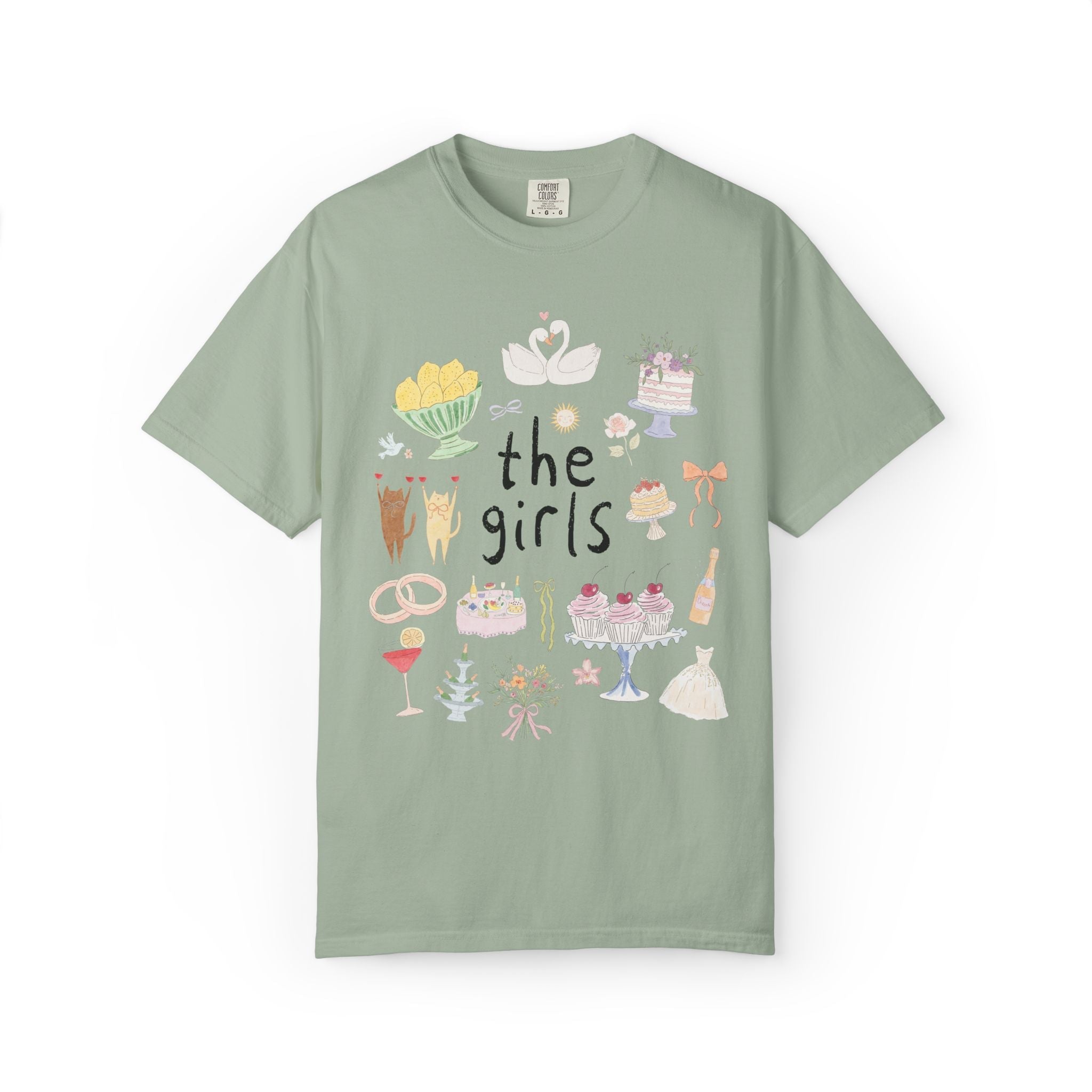 The Mrs. and The Girls Matching Bachelorette Party or Trip T-Shirt with Cute Doodles, Vintage Aesthetic Soft Girl Style Bridal Tee with Cats - Opal and June