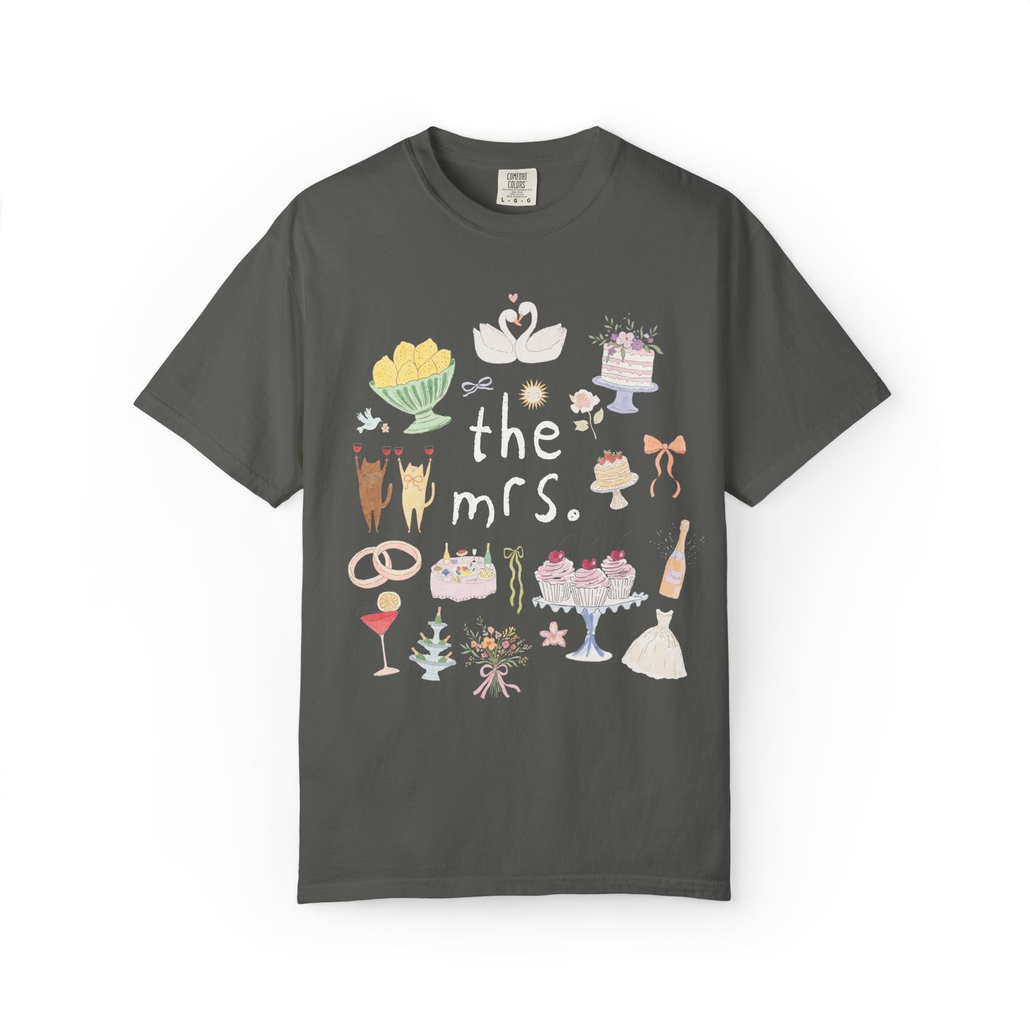 The Mrs. and The Girls Matching Bachelorette Party or Trip T-Shirt with Cute Doodles, Vintage Aesthetic Soft Girl Style Bridal Tee with Cats - Opal and June