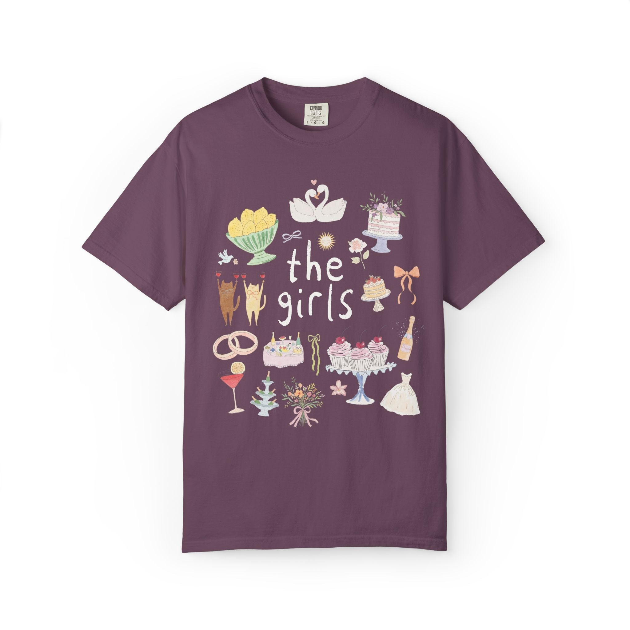 The Mrs. and The Girls Matching Bachelorette Party or Trip T-Shirt with Cute Doodles, Vintage Aesthetic Soft Girl Style Bridal Tee with Cats - Opal and June