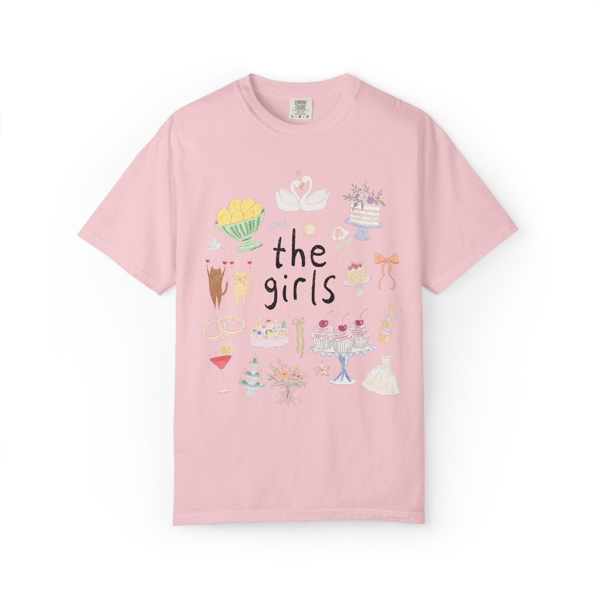 The Mrs. and The Girls Matching Bachelorette Party or Trip T-Shirt with Cute Doodles, Vintage Aesthetic Soft Girl Style Bridal Tee with Cats - Opal and June