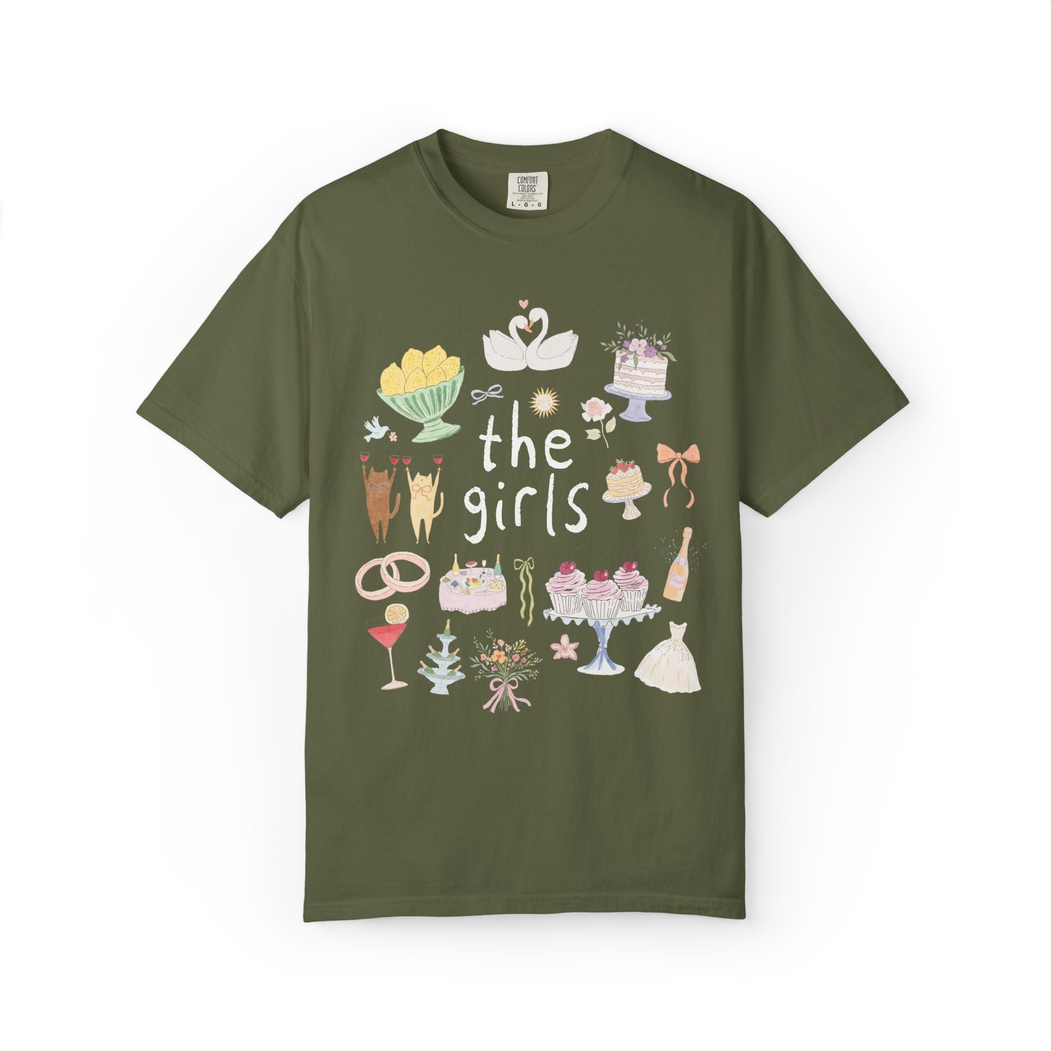 The Mrs. and The Girls Matching Bachelorette Party or Trip T-Shirt with Cute Doodles, Vintage Aesthetic Soft Girl Style Bridal Tee with Cats - Opal and June