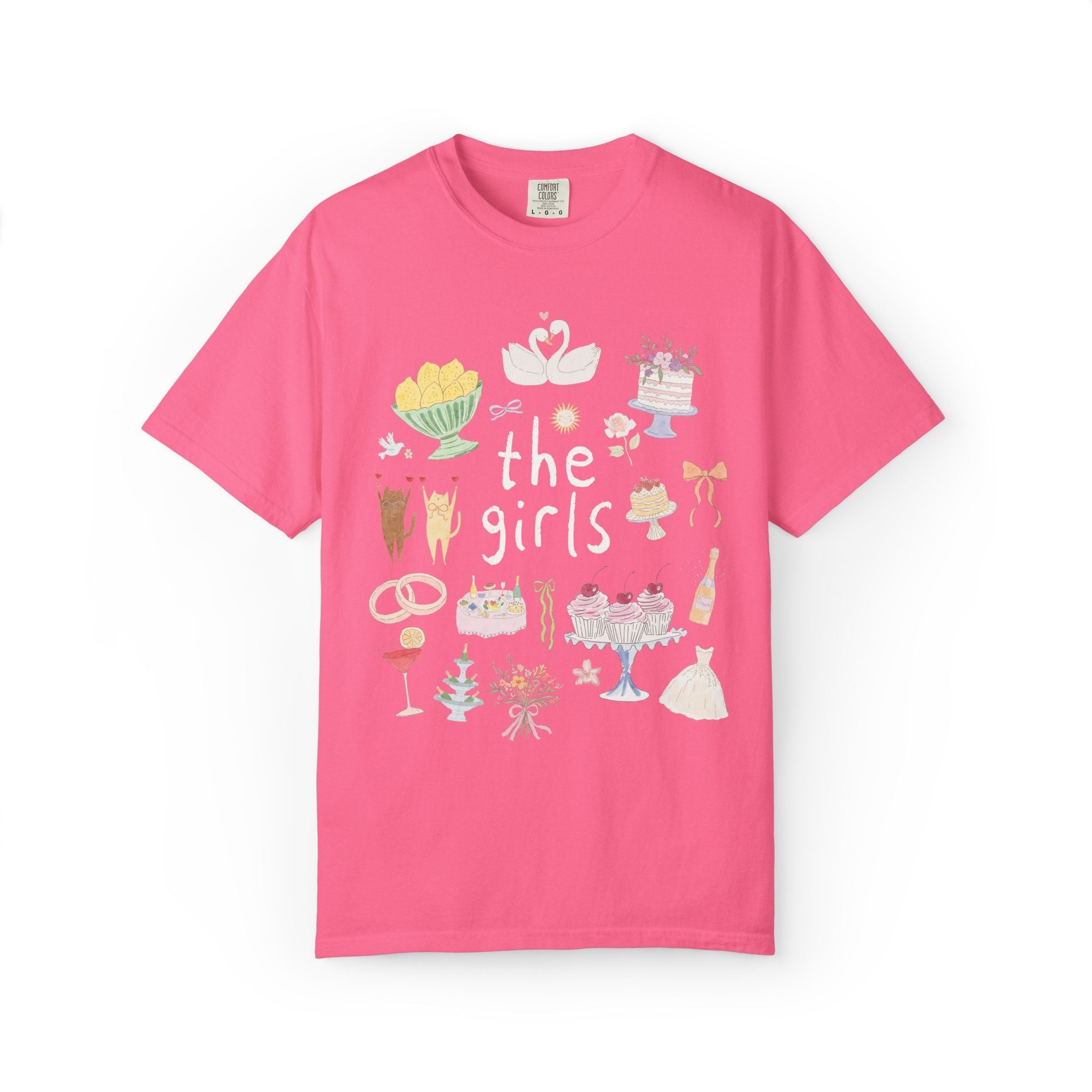 The Mrs. and The Girls Matching Bachelorette Party or Trip T-Shirt with Cute Doodles, Vintage Aesthetic Soft Girl Style Bridal Tee with Cats - Opal and June