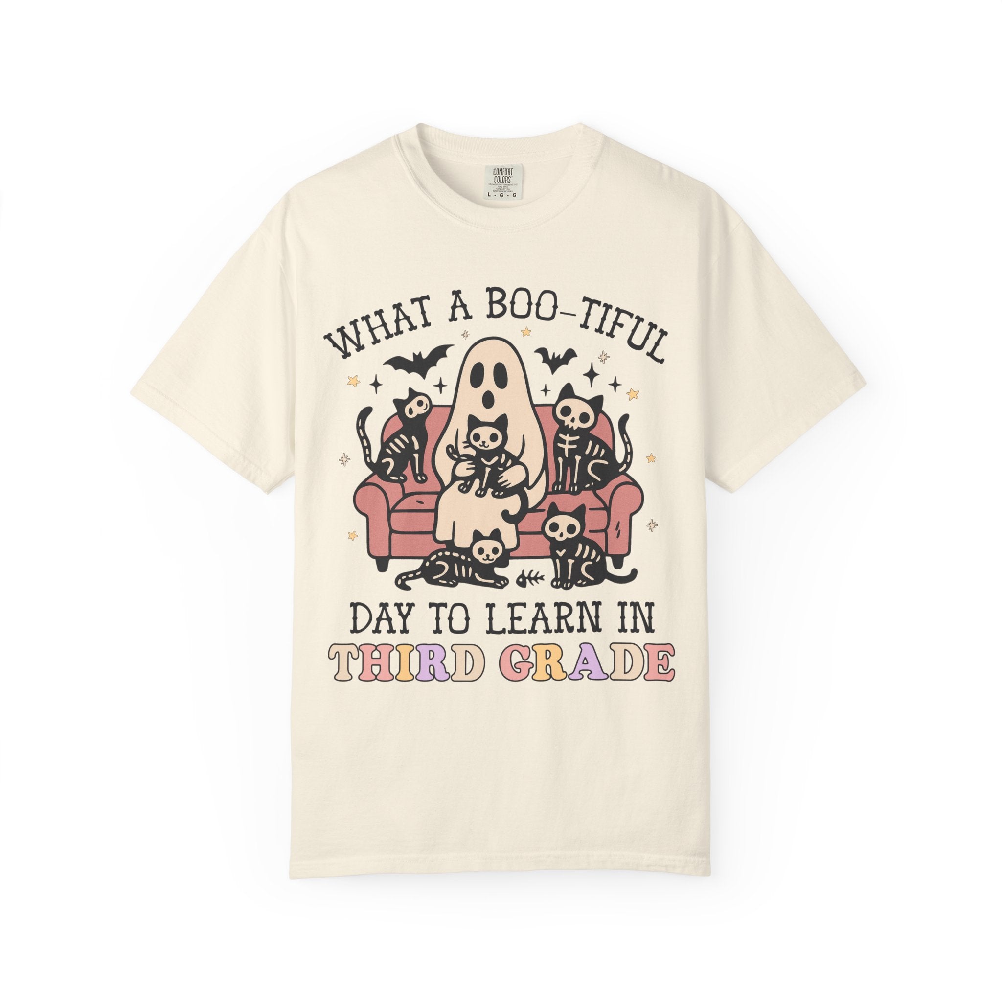 Third Gade Halloween Teacher Tee Shirt with Cute Spooky Cats, Matching Teacher T-Shirt for Halloween, Nostalgic Halloween Funny Saying Tee - Opal and June