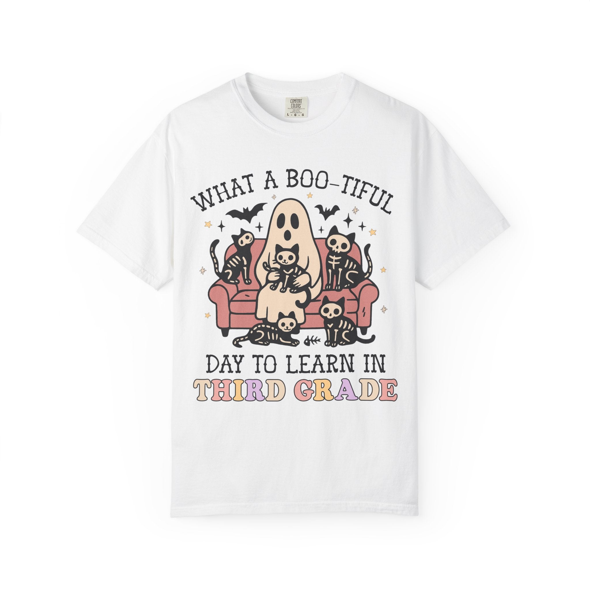 Third Gade Halloween Teacher Tee Shirt with Cute Spooky Cats, Matching Teacher T-Shirt for Halloween, Nostalgic Halloween Funny Saying Tee - Opal and June