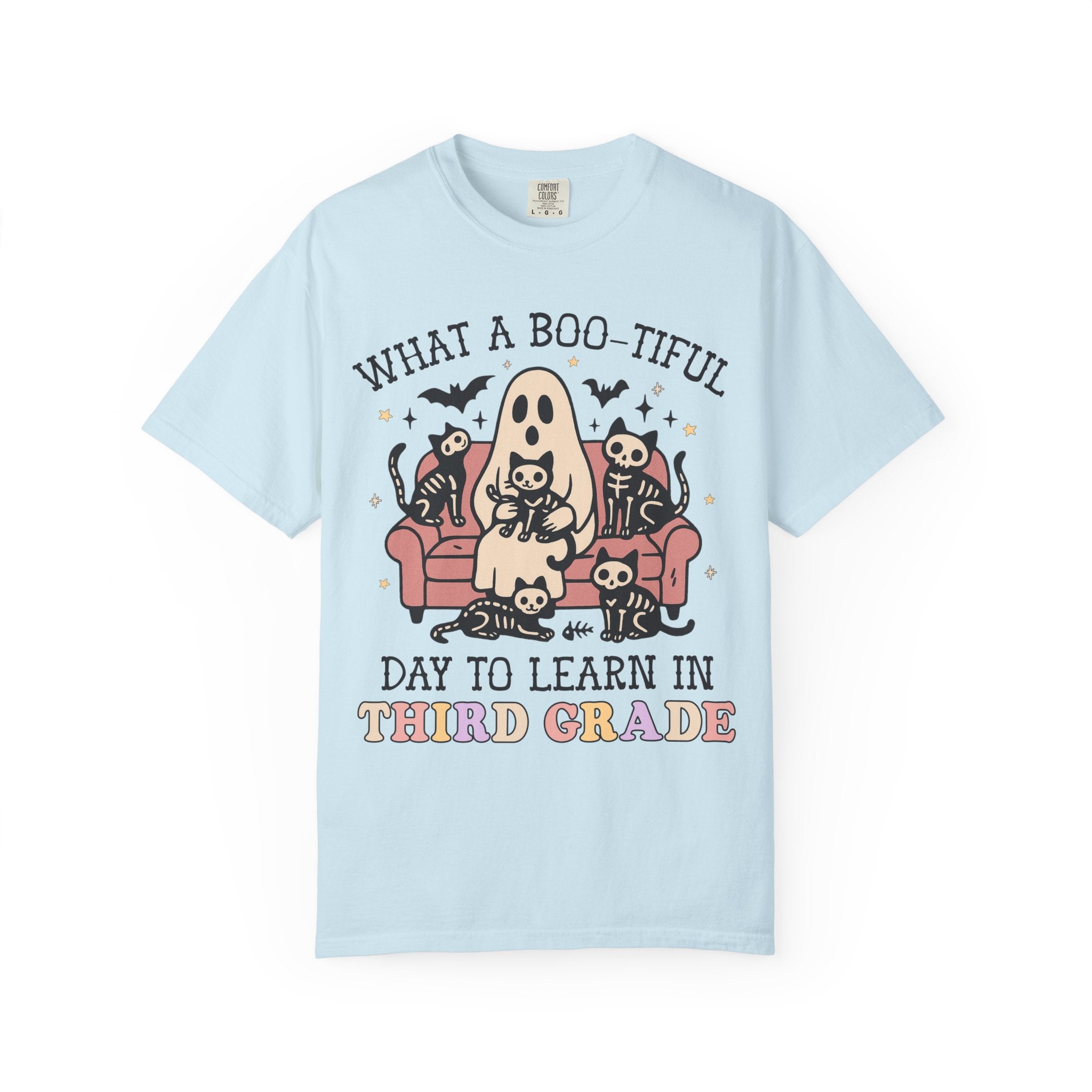 Third Gade Halloween Teacher Tee Shirt with Cute Spooky Cats, Matching Teacher T-Shirt for Halloween, Nostalgic Halloween Funny Saying Tee - Opal and June