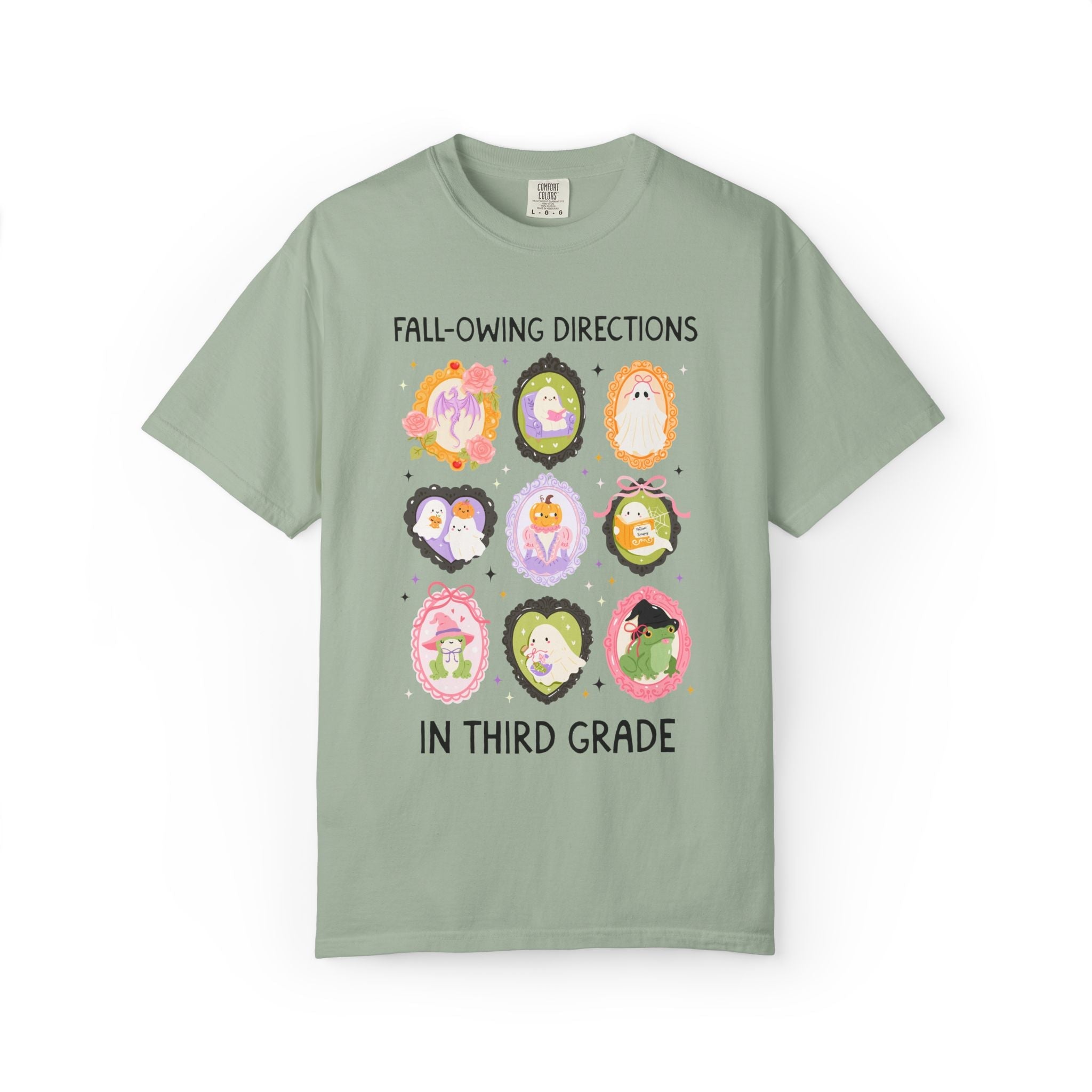 Third Grade Halloween Teacher Tee: Fall-Owing Directions Pastel Goth Teacher Team T-Shirt for Fall, Cute Spooky Season Frog Tee with Ghosts - Opal and June