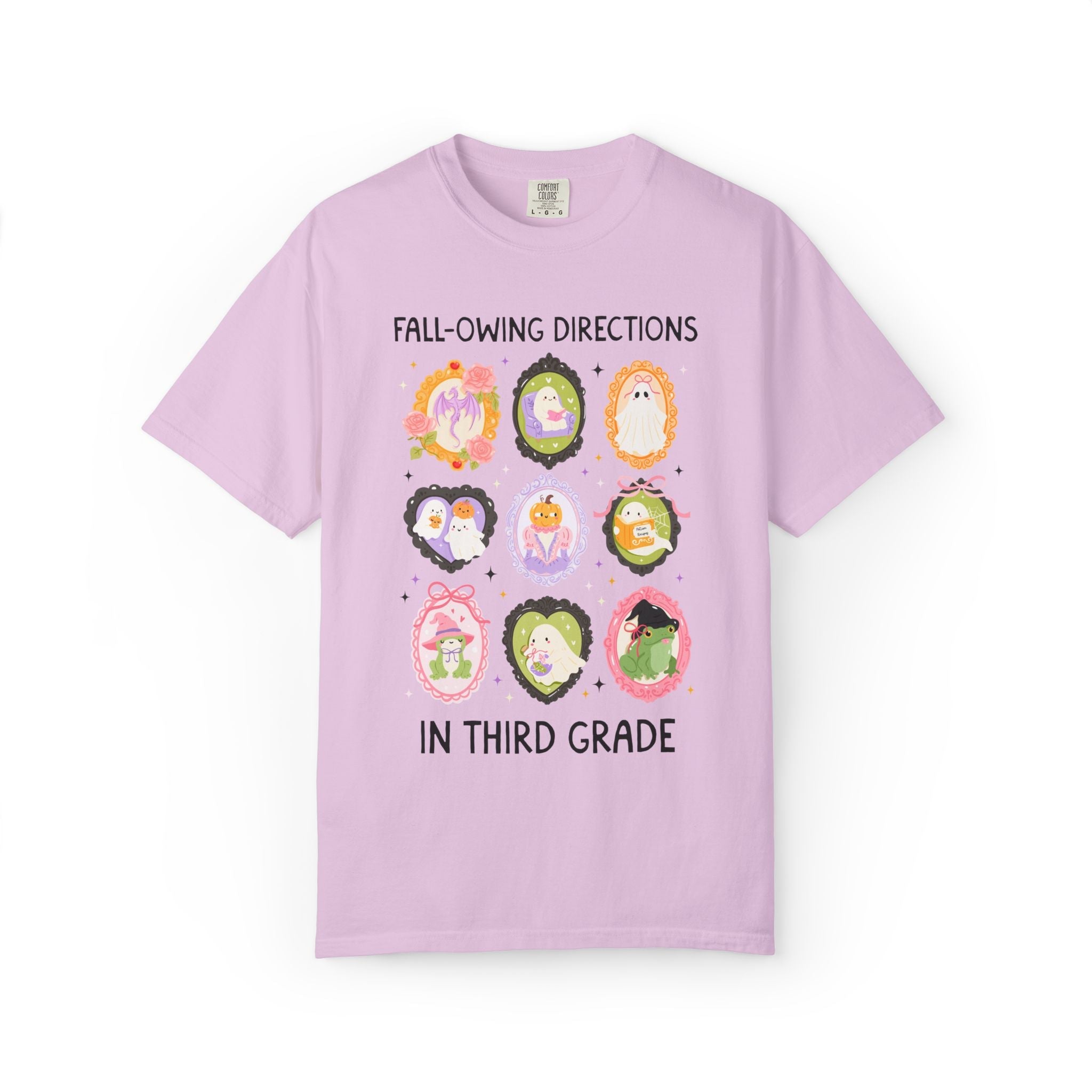 Third Grade Halloween Teacher Tee: Fall-Owing Directions Pastel Goth Teacher Team T-Shirt for Fall, Cute Spooky Season Frog Tee with Ghosts - Opal and June